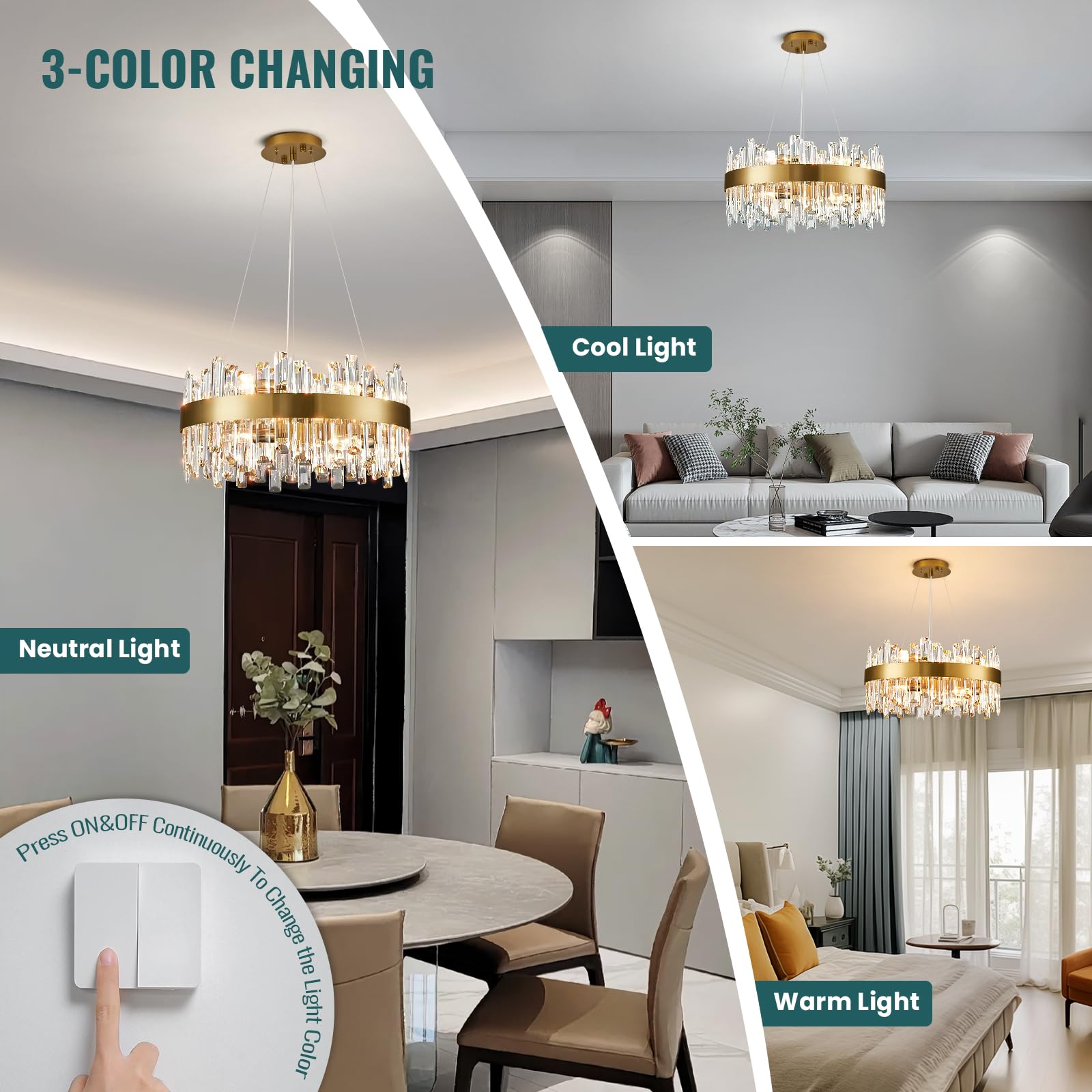 Siljoy Modern Crystal Chandelier, 12 Lights, Brass Gold Finish, Round 19.7 Inch, Clear Crystal, Model FSK0607