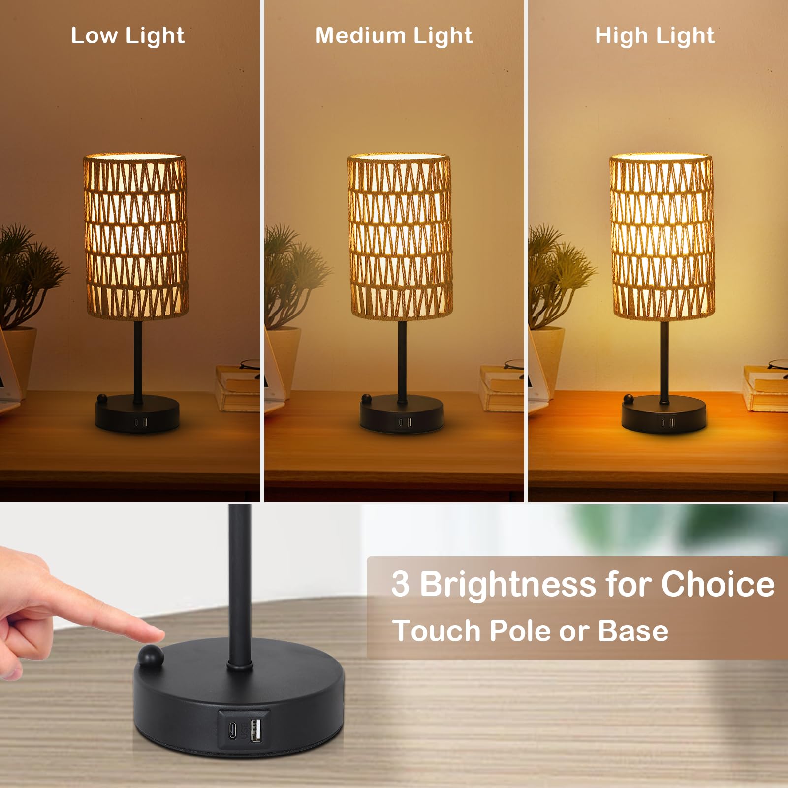 Touch Table Lamp Set Of 2 For Bedroom With Bulb, Boho Small Desk Lamp For Living Room With Rattan & Linen Shade, 3 Way Dimmable