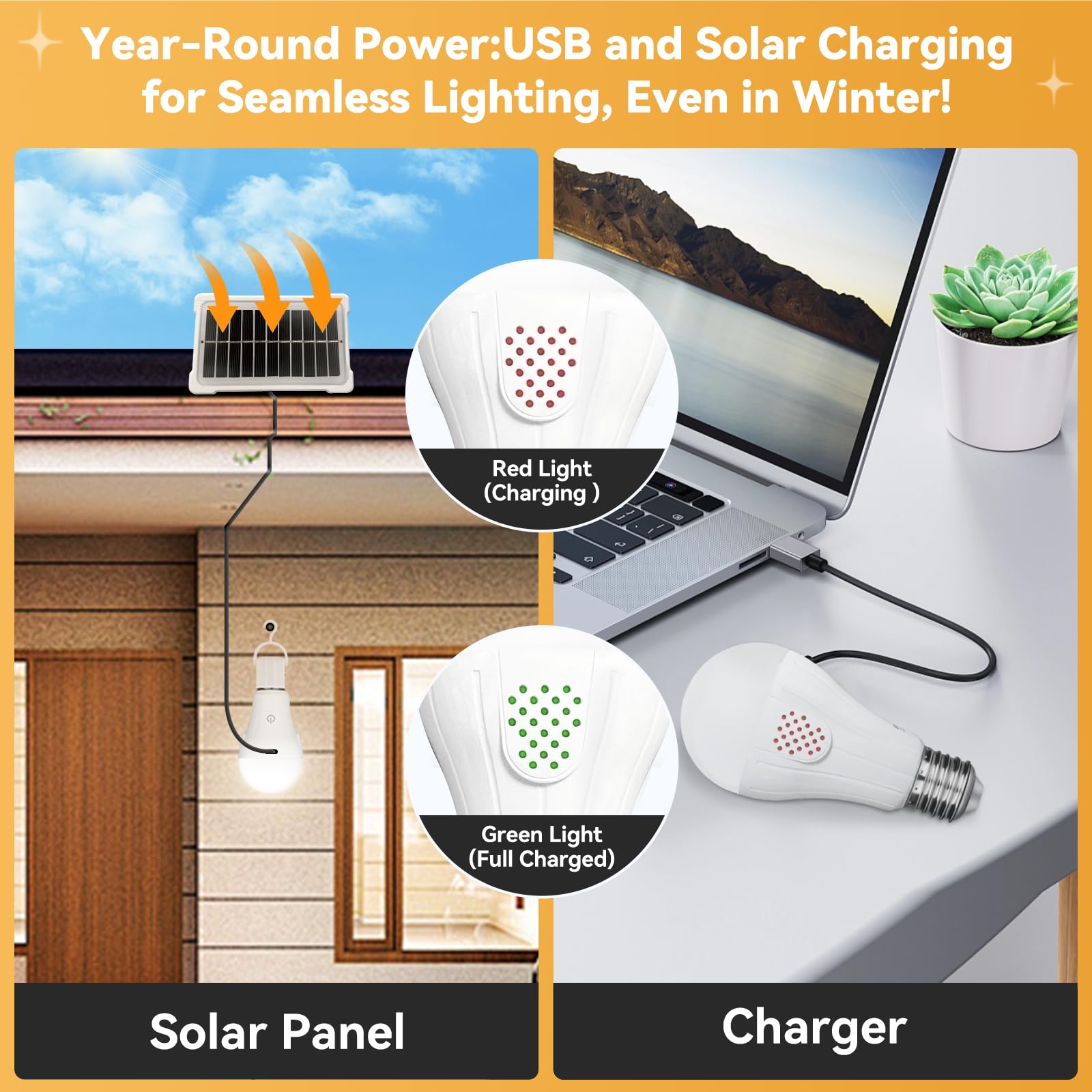 Neporal Magicglow Rechargeable Solar Light Bulbs With Remote, Usb+Solar Rechargeable Bulbs,3 Colors Shift + Dimmable Battery Light Bulb, A19 Emergency Led Light Bulbs, 15W, Up To 24 Hours, 2 Pack