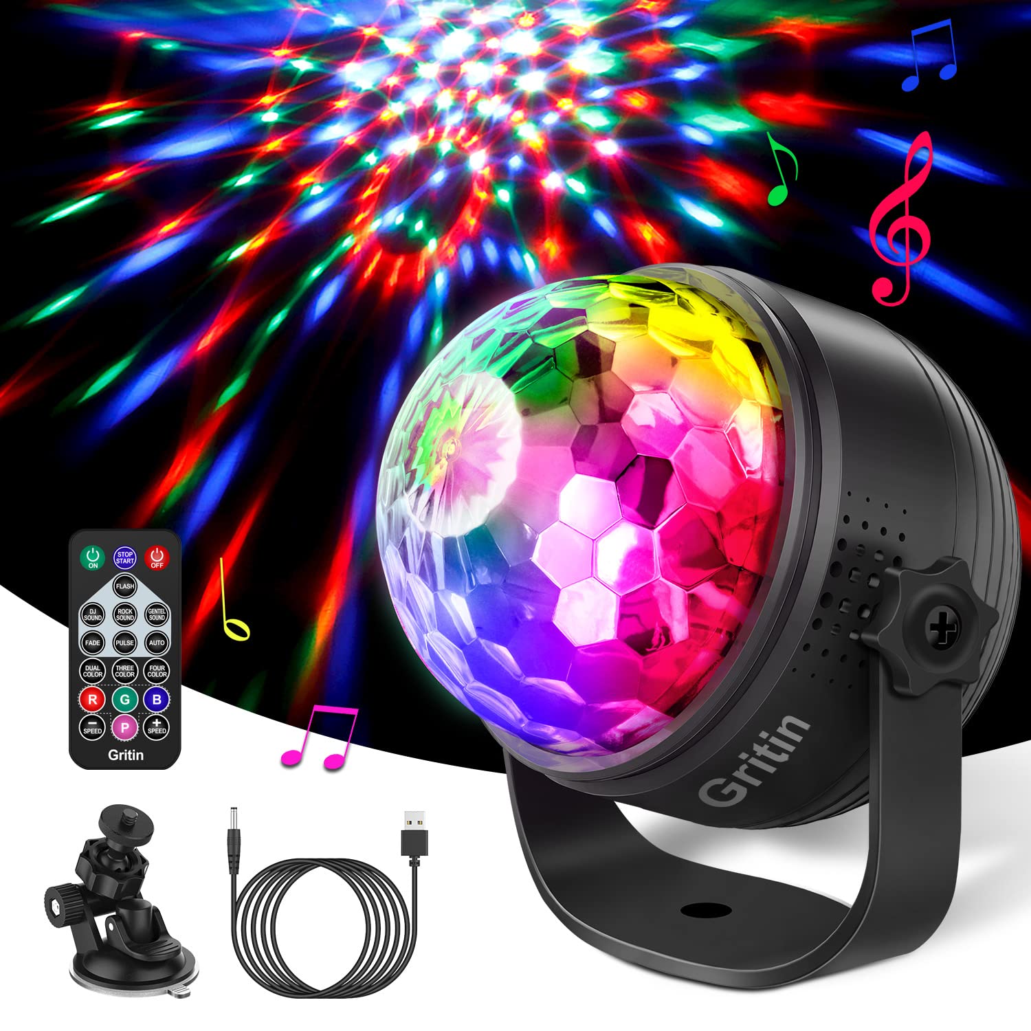 Disco Ball Party Lights, Gritin Sound Activated Dj Strobe Lamp Stage Light with Remote Control- 3W RGB Dynamic Light Effect, 4M/