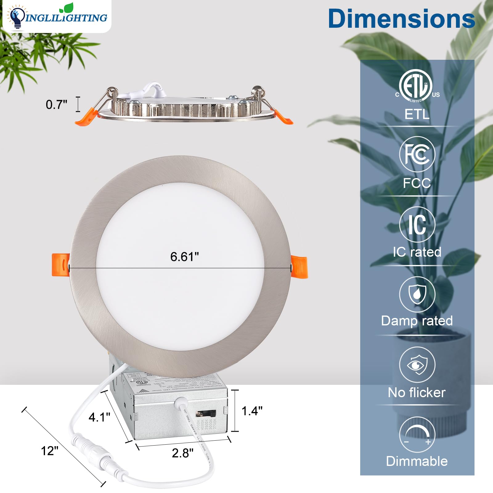 Dllt Led Recessed Ceiling Lights: 12 Pack 6 Inch 5Cct Ultra-Thin Lighting With Junction Box For Bedroom - 1200Lm Brightness 12W Eqv 110W Dimmable Canless Wafer Downlight With Etl&Fcc-Nickel Brush