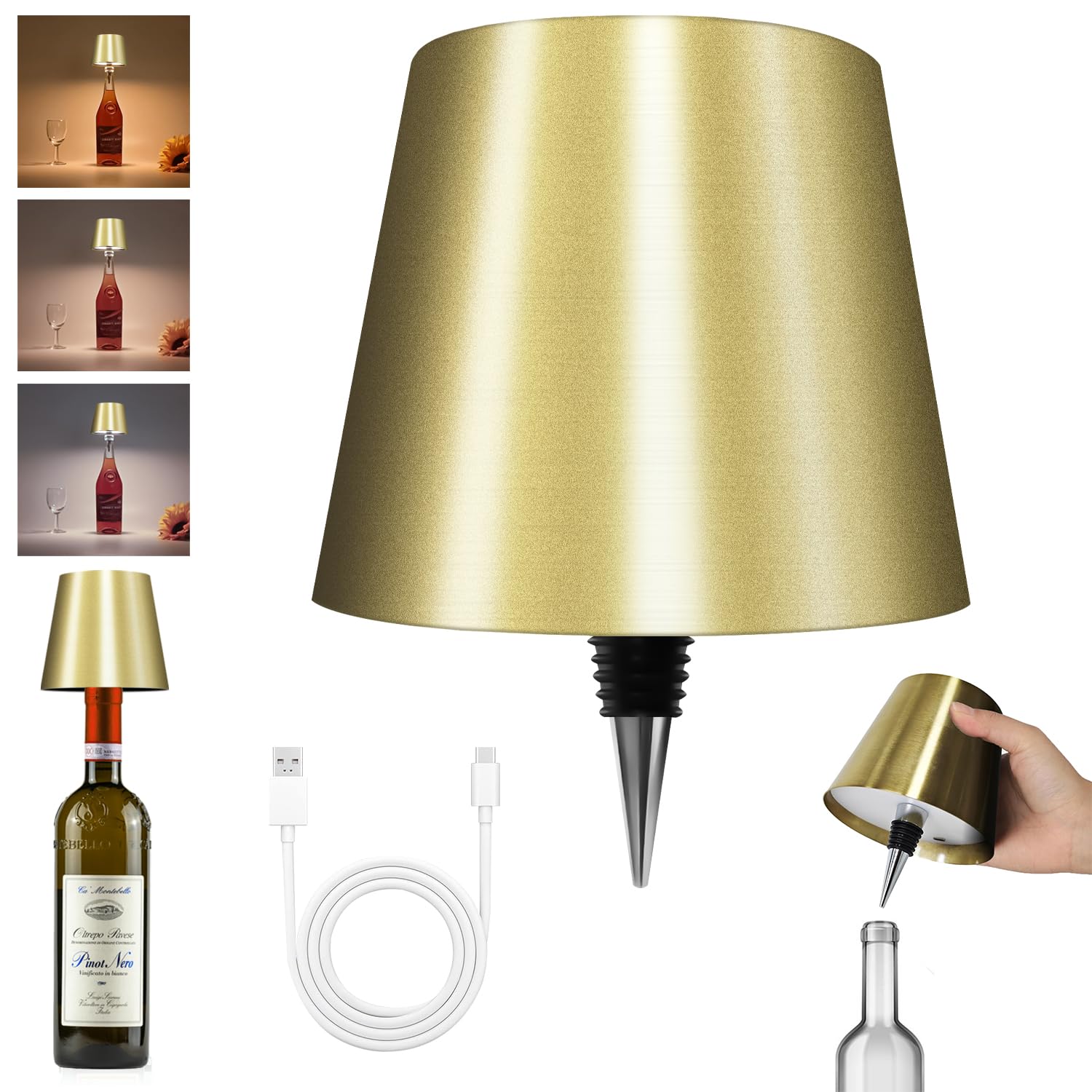 Hoide Wireless Bottle Lamp - LED Touch-Dimmable Night Light Kit, 5.7in, Mat Gold