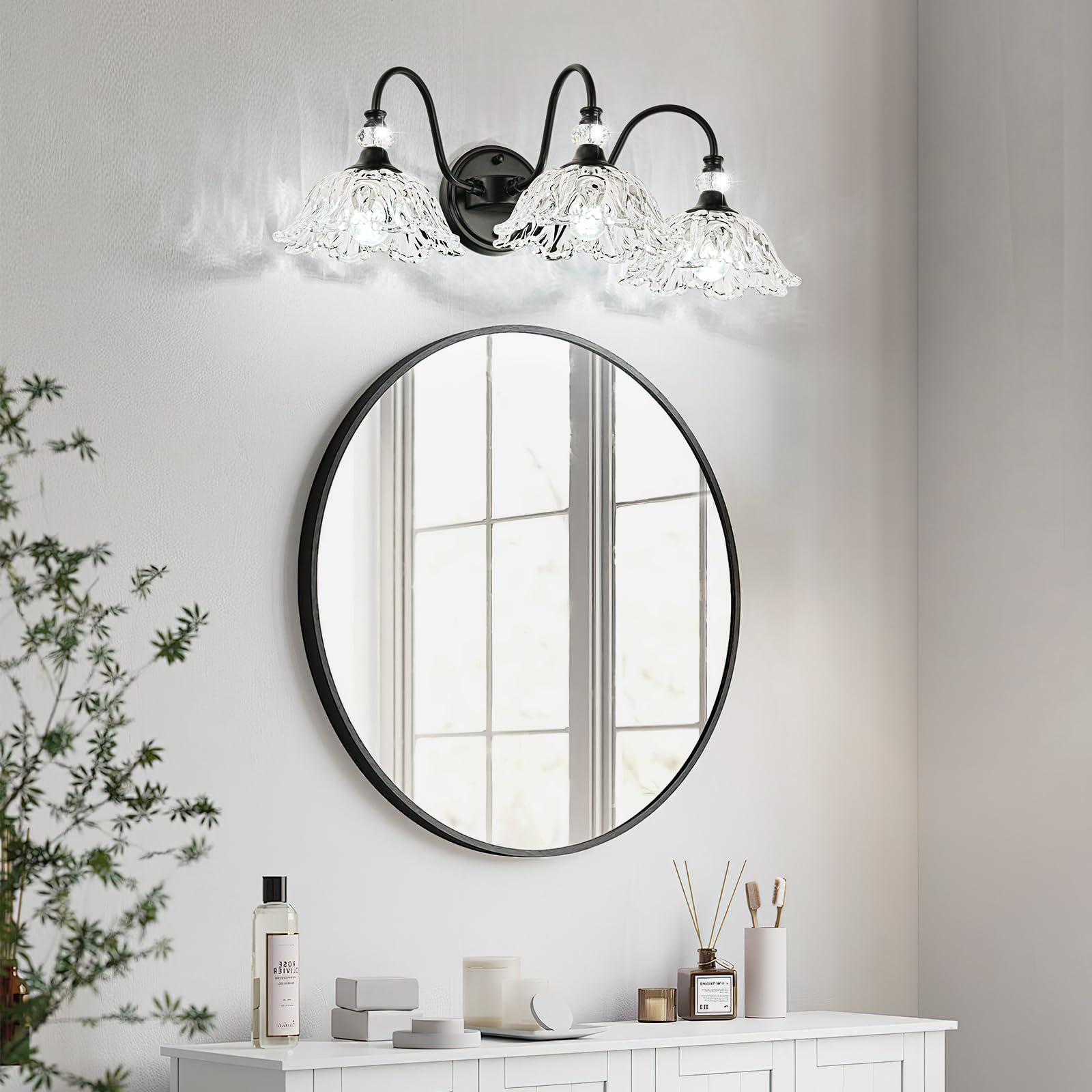 Black Bathroom Vanity Light 3-Light Vanity Light With Crystal Glass Shades Vintage Farmhouse Vanity Lighting For Bathroom And Dressing Table