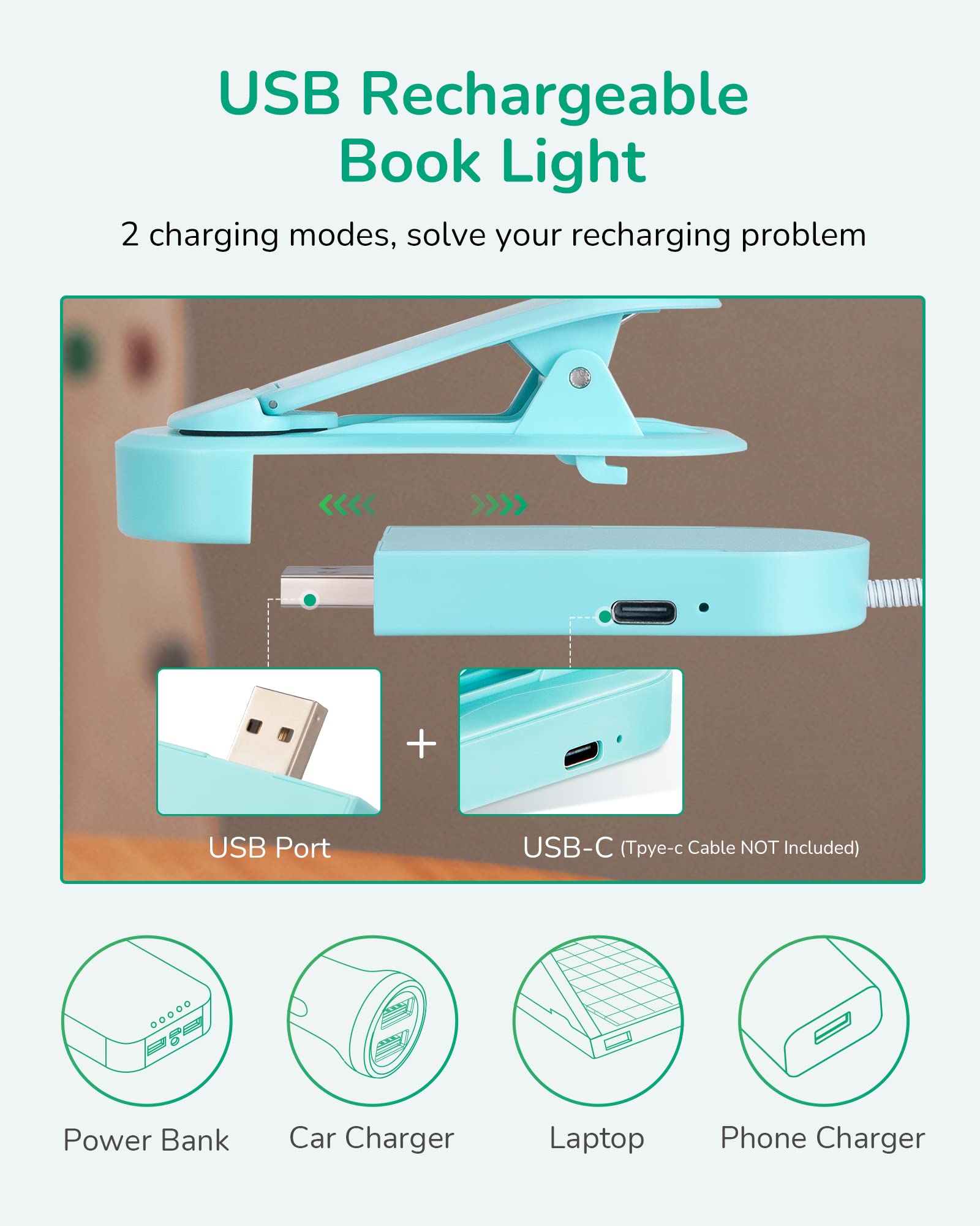 EDISHINE Reading Light for Book in Bed, Portable Clip-on Lamp, USB Rechargeable, 3 Color Modes & Stepless Dimmable, 2 Charging M