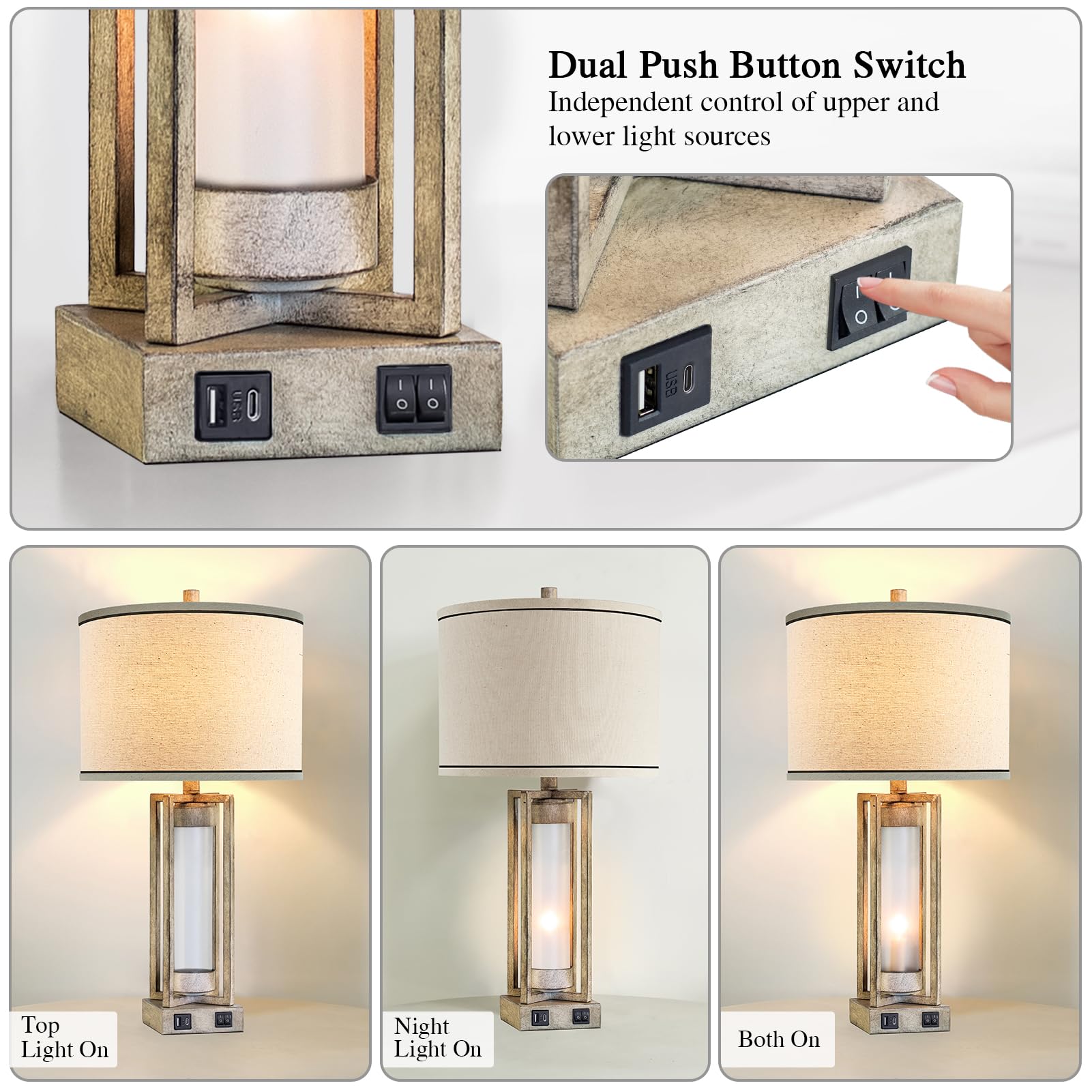 Roriano 25'' Set Of 2 Farmhouse Table Lamps For Living Room With Usb A+C Ports, Rustic Nightstand Lamp With White Night Light, V