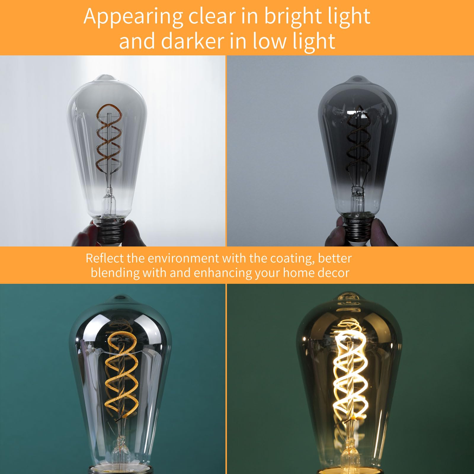 Decoaui E26 St64 Vintage Edison Light Bulbs, Smoky Grey Coated Glass, Dimmable, 4W(20W Equivalent) 200 Lumin, 2700K Soft White,