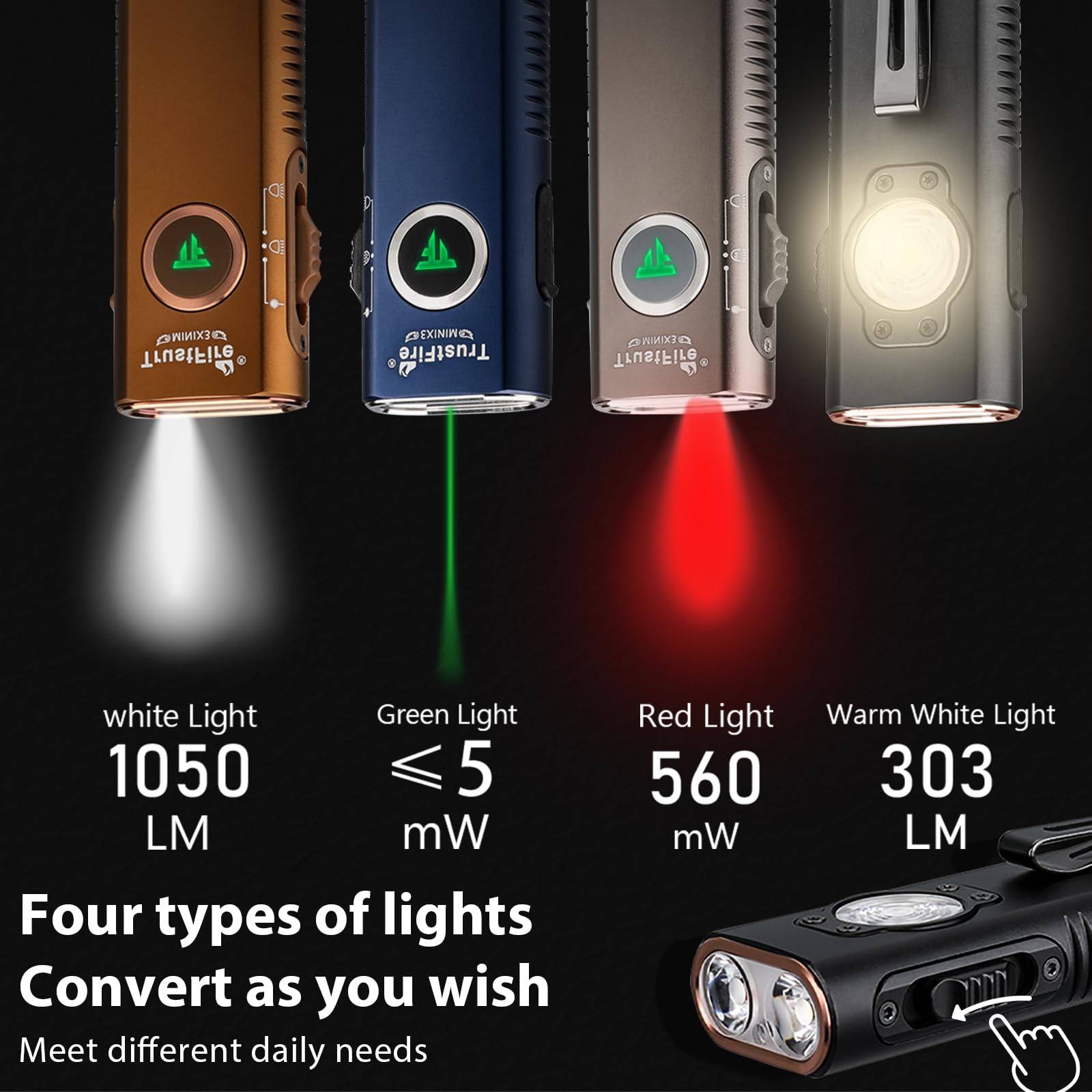 TrustFire Mini X3 EDC Flashlight, 1050 Lumens, Aluminum, Gold, Red Light, Green Beam, IPX6 Waterproof