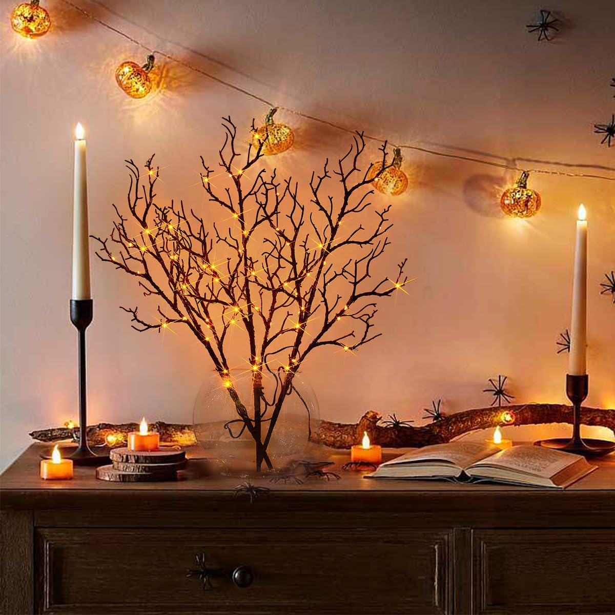Fudios Lighted Halloween Branches With Timer Orange Fairy Lights 21In 75L,Battery Operated Black Twig Branch Lights Indoor Outdoor Use For Halloween Party Decoration