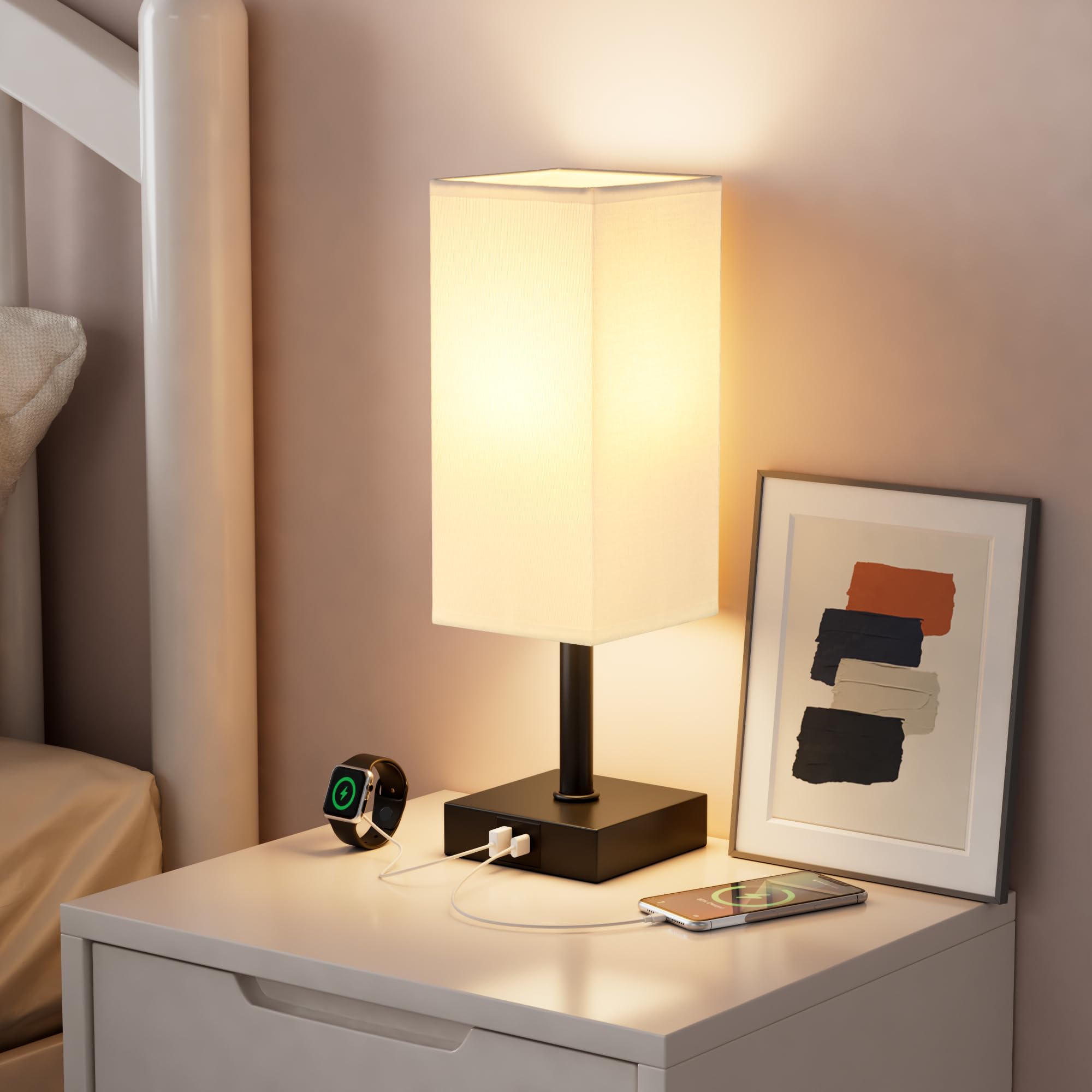 Ambimall Touch Control Table Lamp with USB A+C Ports, 13 inches, White Shade & Black Base, LED Bulb Included, Model RPT-fang1-7