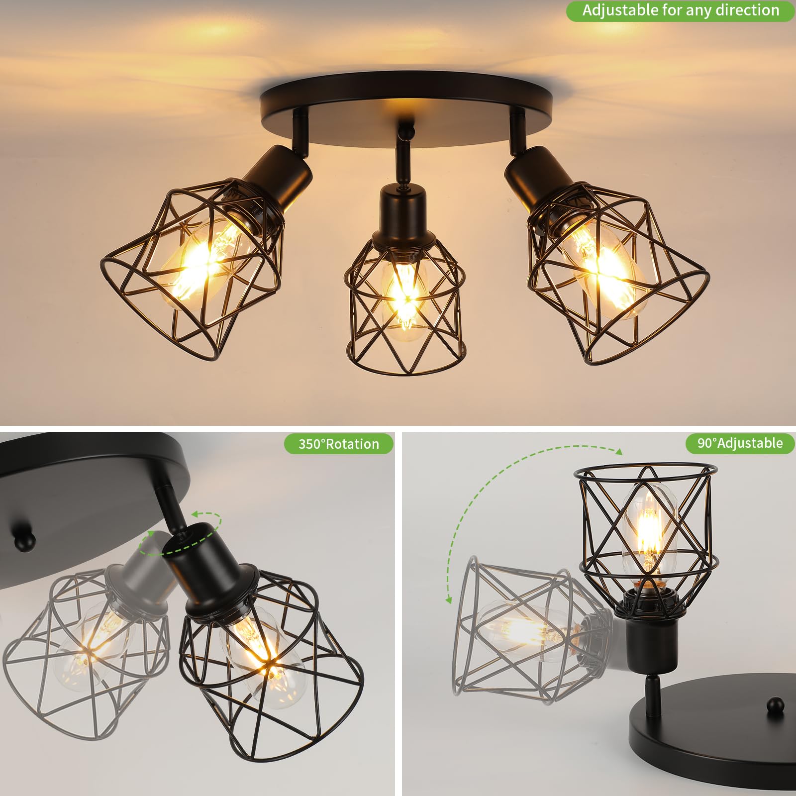 Wilon Kitchen Light Fixtures Ceiling Mount, Black Ceiling Light Fixtures 3-Light Adjustable Semi Flush Mount Ceiling Light, Multi-Directional Ceiling Lights For Kitchen Hallway Dining Room(E26 Base)