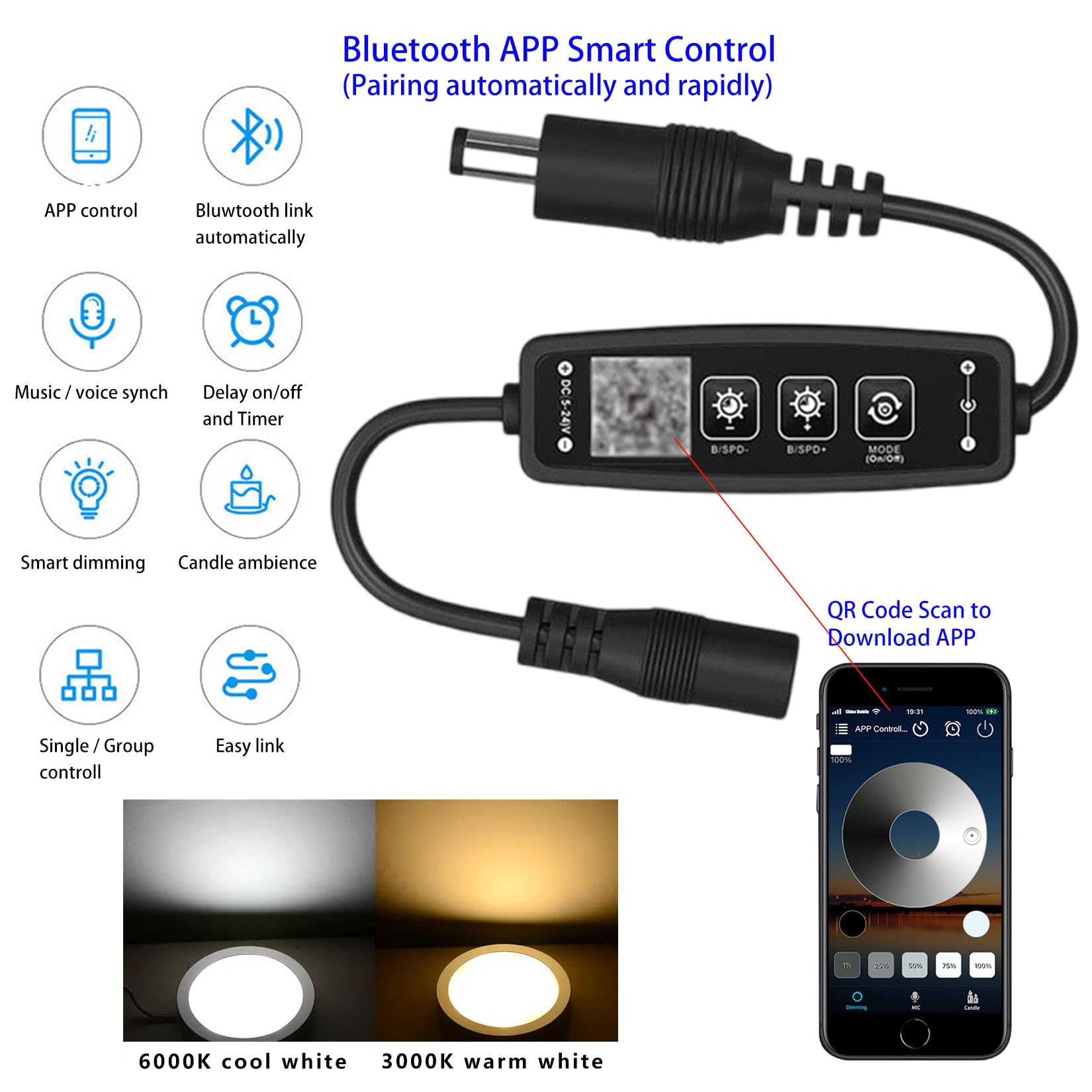 Crisetek Puck Lights 6 Packs Bluetooth App Smart Control Dimmable Tact Switch Under Cabinet Light Cabinet Lighting Cabinet Lights Dc 12V Adaptor (Cool White, App 6Pack)