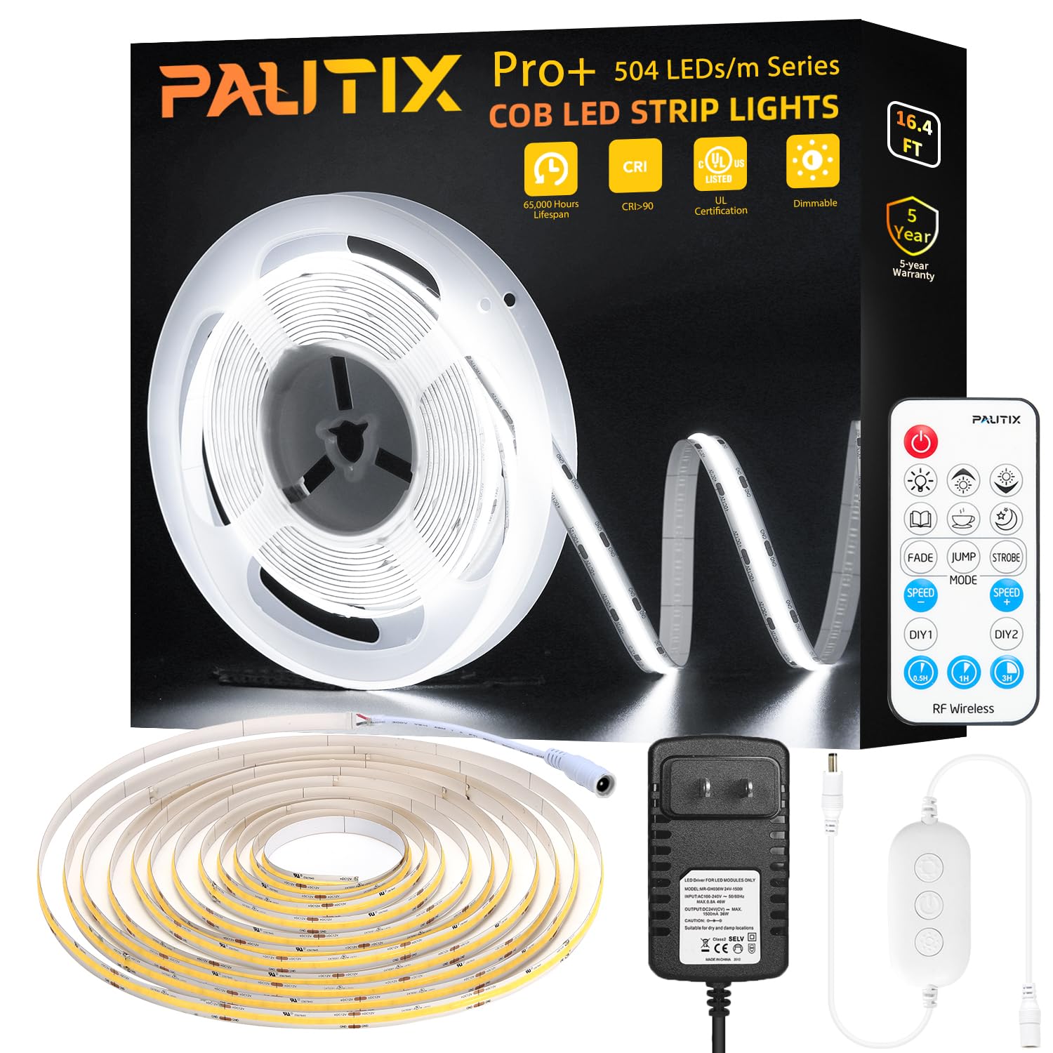 Pautix Cob Led Strip Light 2520Leds,Super Bright 5200Lumen 6500K White 16.4Ft/5M,Dimmable 24V Led Tape Light With 3M Tape,Rf Rem