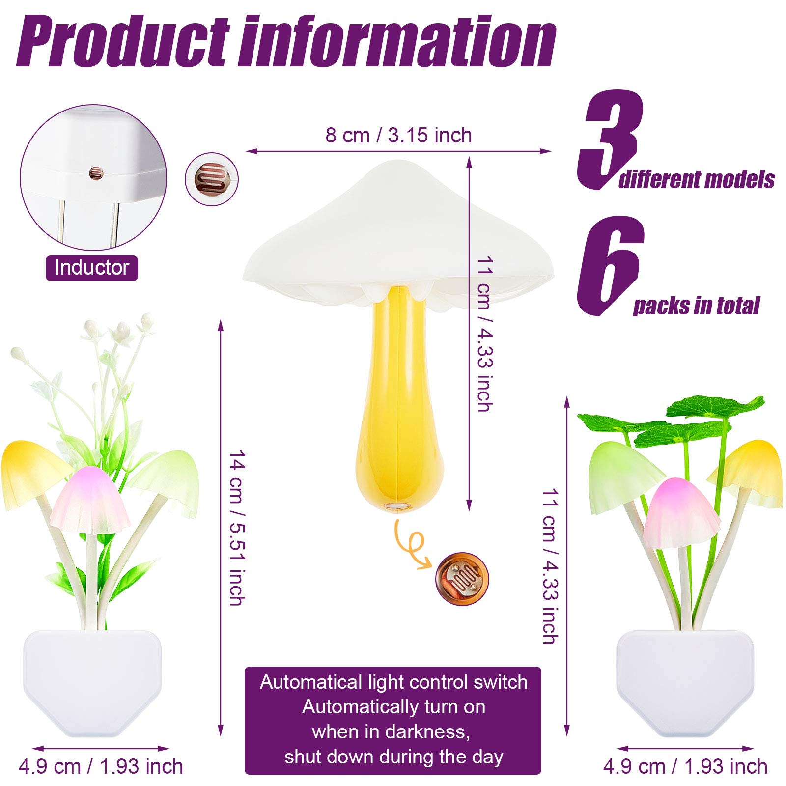 Mudder 6 Pcs Mushroom Night Lights, LED Color Changing Plug Light Sensor Wall Lamp for Kids and mature-themeds, ABS Material