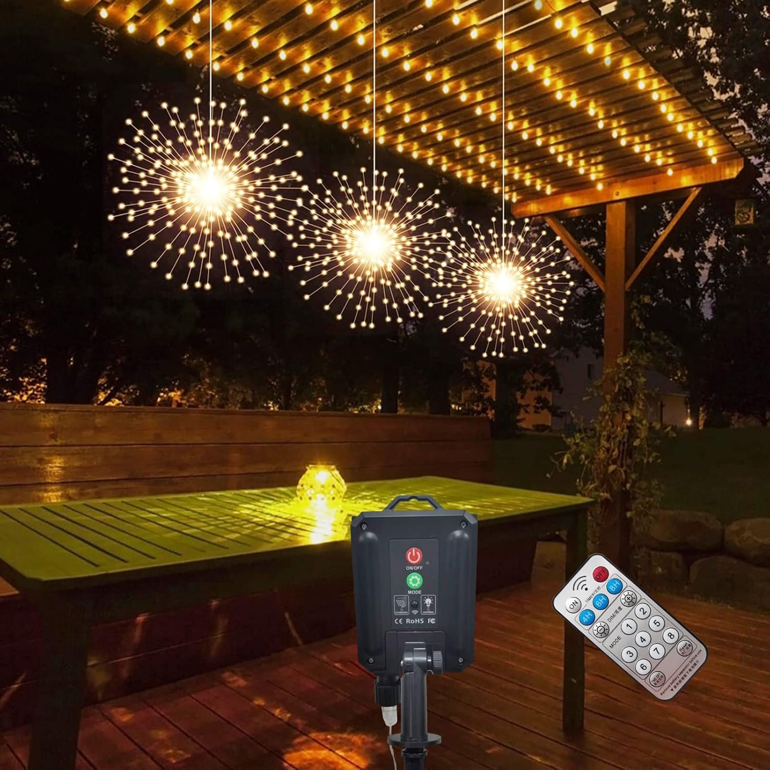 PXBNIUYA Solar Starburst Sphere Lights, 600 LED, Remote Control, 8 Modes, Waterproof, 3 Pack, Warm White