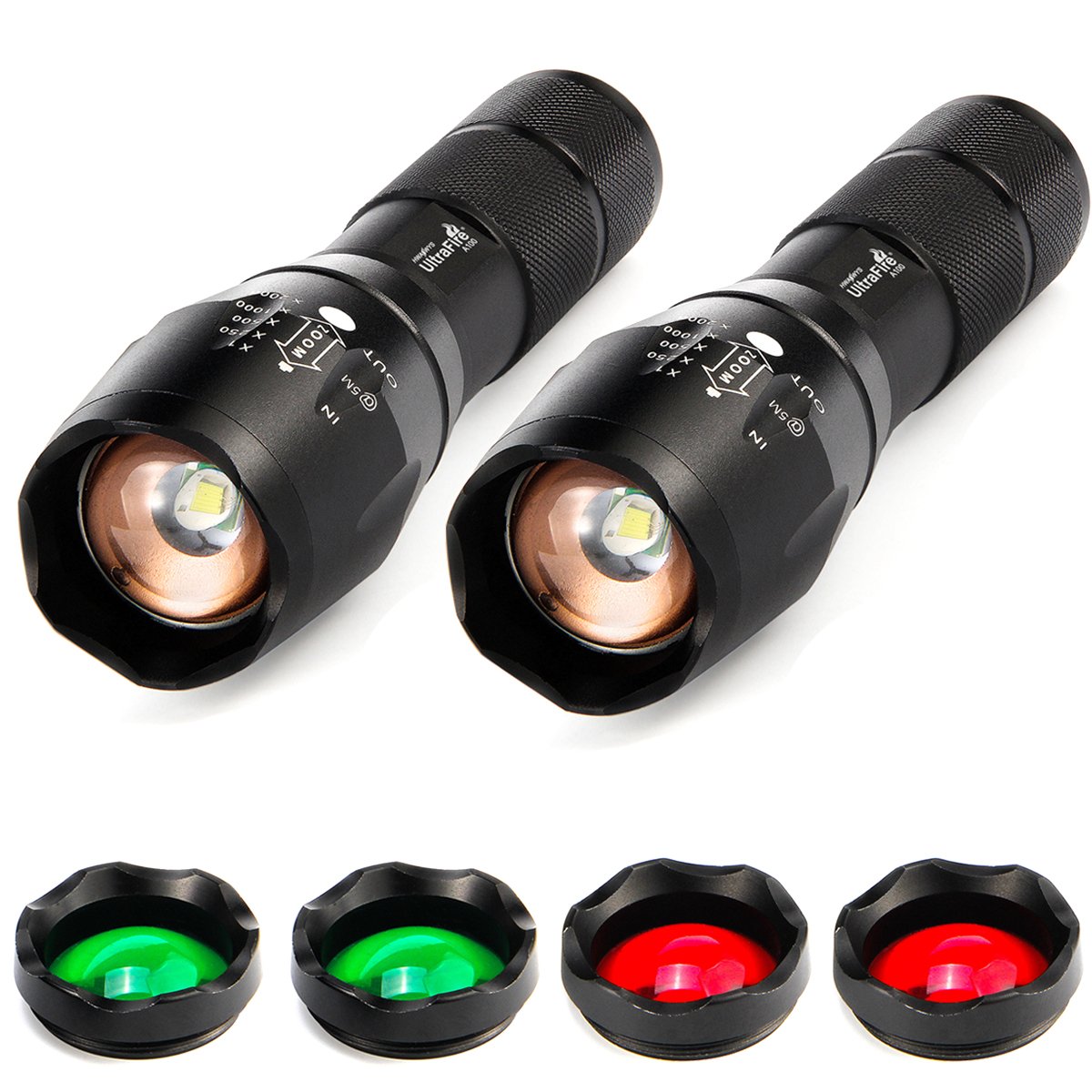 Ultrafire 2 Pack A100 Led Hunting Flashlight,800 Lumen 3-Color-Light Tactical Flashlight 5 Modes Zoomable Small Led Hand Held Fl