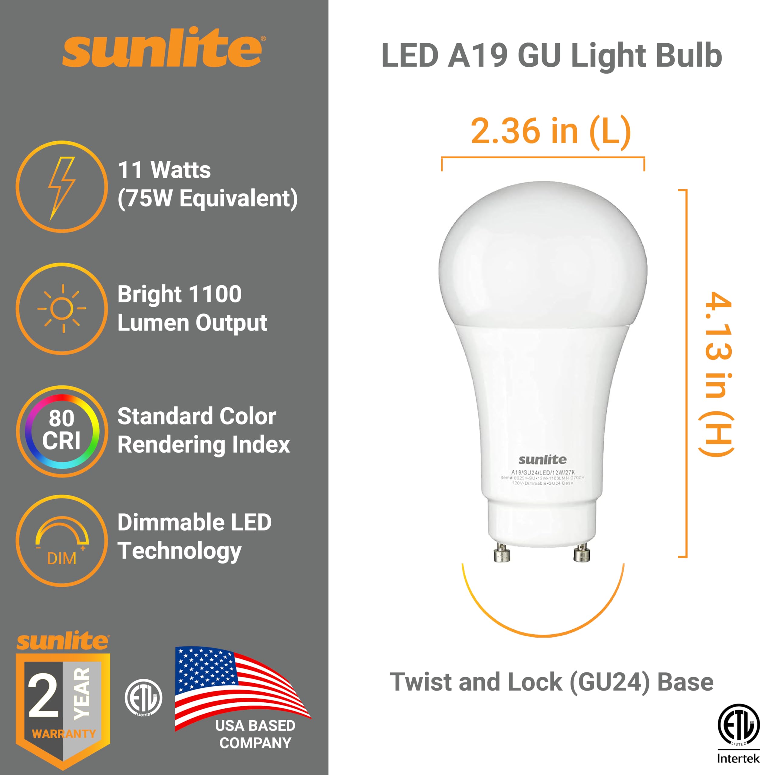 Sunlite A19 Gu24 Dimmable Light Bulb, 11 Watts (75W Equivalent) 1100 Lumens, 2 Prong Led Twist And Lock Base, Etl Listed, Rated