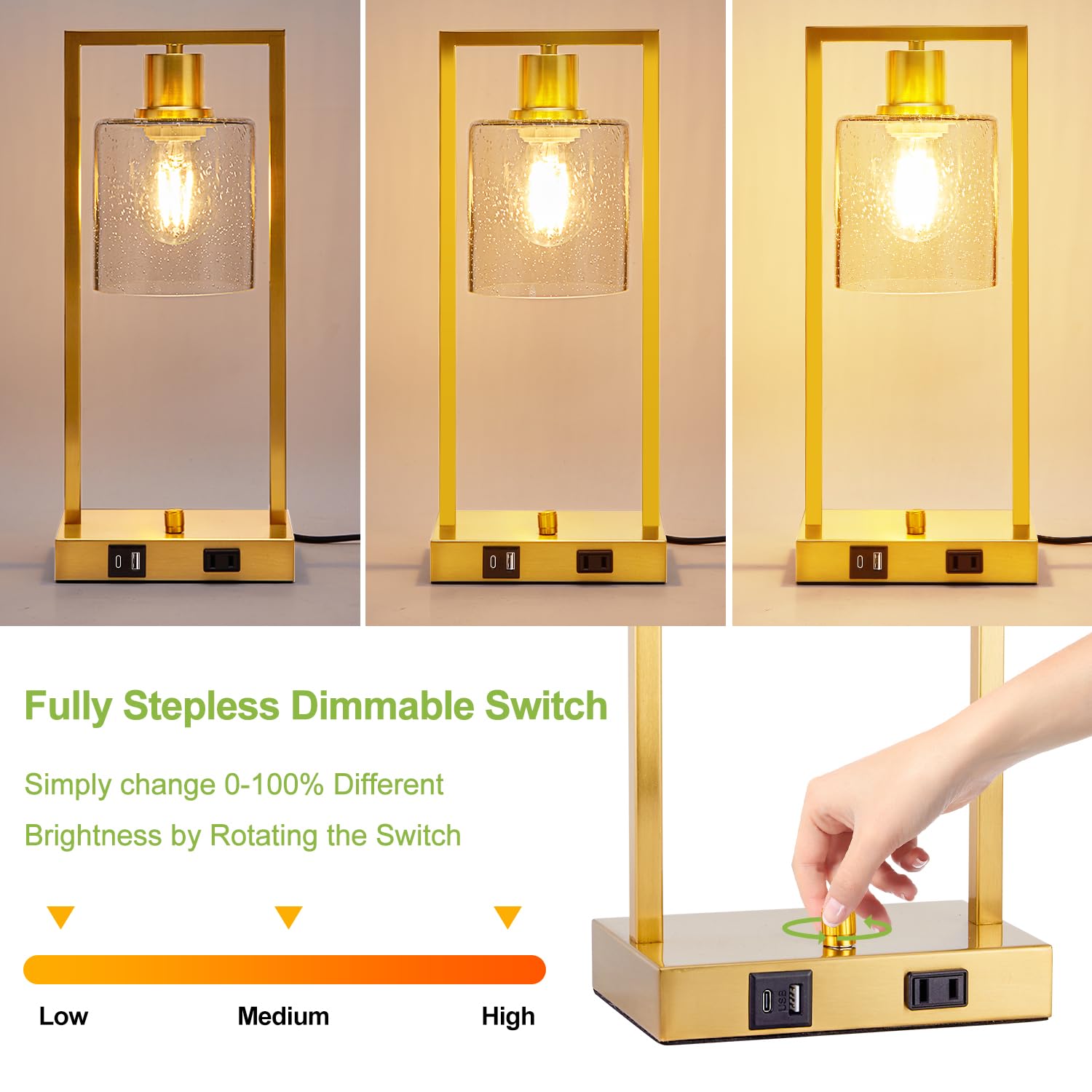 Industrial Table Lamps For Bedroom Set Of 2 - 16'' Nightstand Lamps With Usb C+A Charge Ports & Outlet, End Table Lamps Fully St