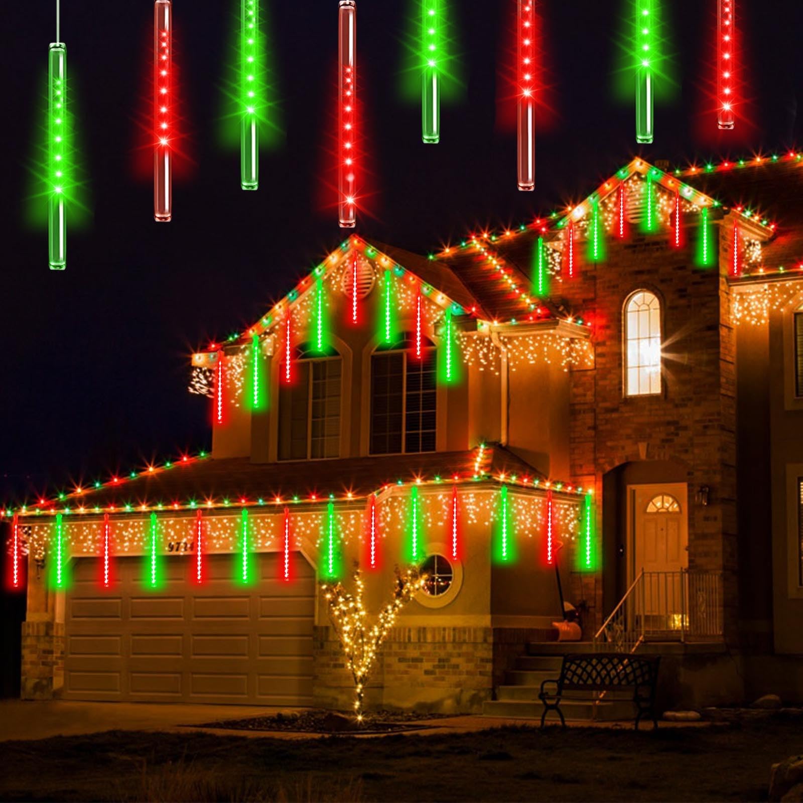 Solar Meteor Shower Lights Outdoor Decorations  Waterproof Christmas Lights Solar Powered  16 Tubes 384Led Rain Drop Light  Snow Cascading String Light For Xmas Tree Party Garden Decor(Red And Green)