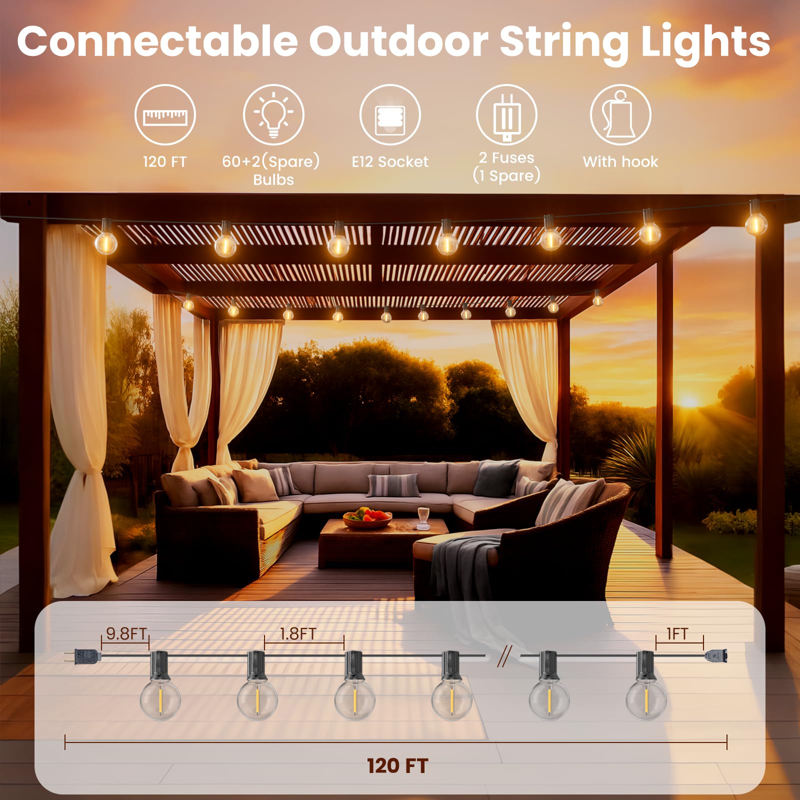 Rtty Outdoor String Lights 120Ft, G40 Led Patio Globe Lights With 62Pcs Bulbs,Shatterproof Waterproof Connectable Hanging For Po
