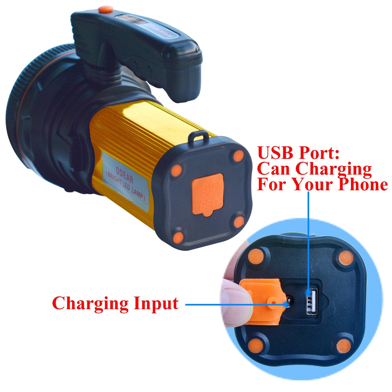 ODEAR LED Spotlight Torch - USB Rechargeable, Multi-Function, Portable, Golden, Model F3-95G