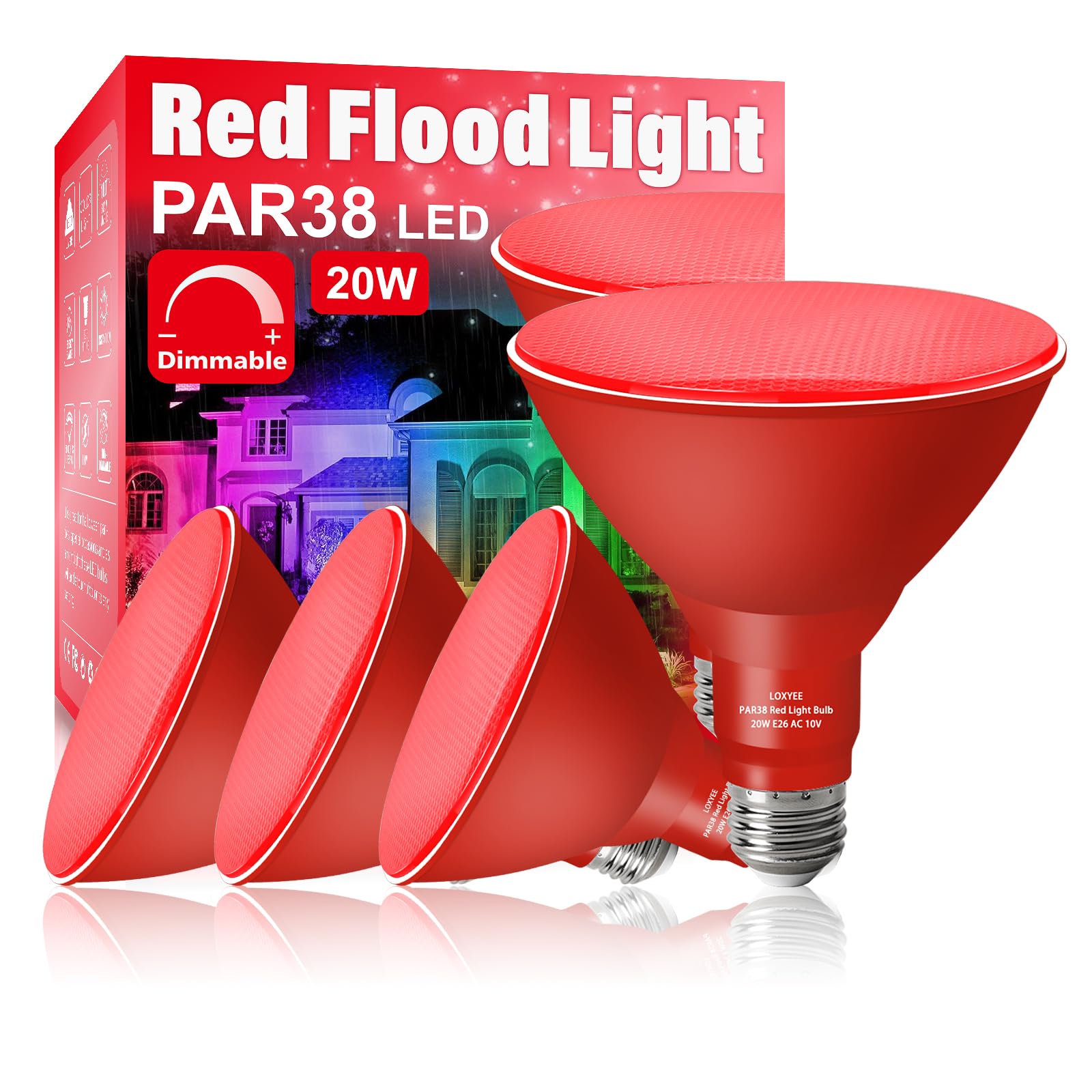 Loxyee Par38 Red Flood Light Bulb, 4 Pack Dimmable E26, 20W Replace 200W -