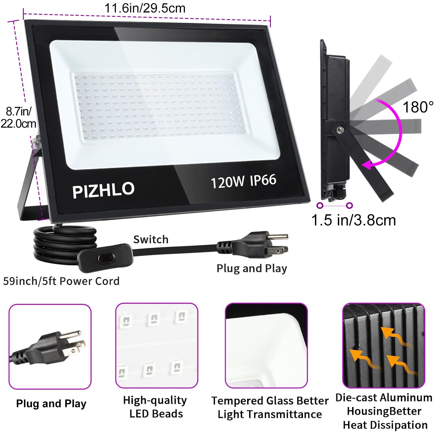 2 Pack 120W Led Black Light, Blacklight Flood Light With Plug & Switch, Ip66 Waterproof Outdoor Black Light Spotlight For Dance
