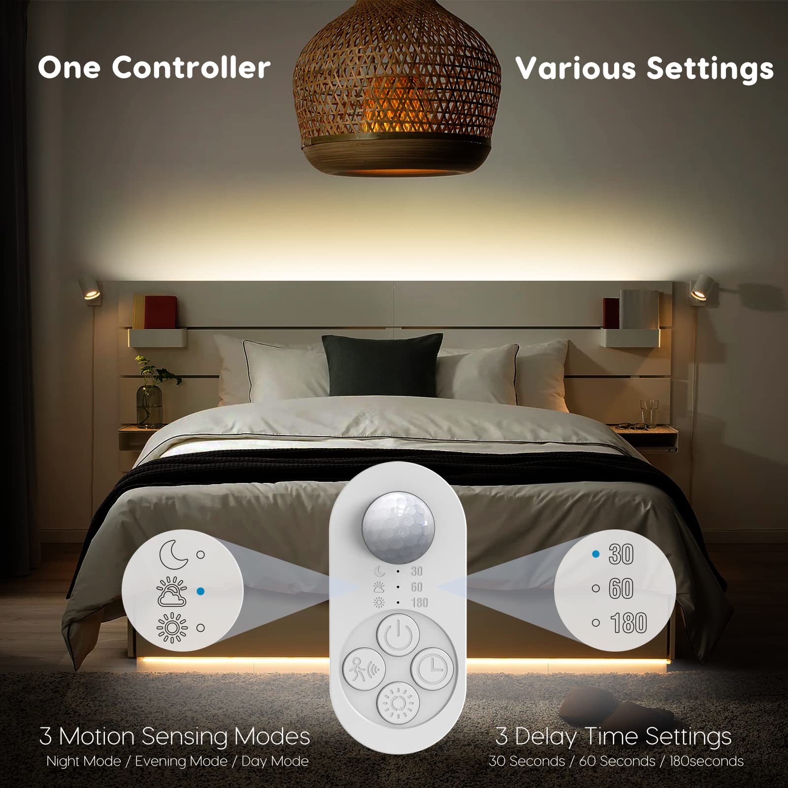 GOOMEEYA Dual Motion Sensor LED Stair Light Strip - 32.8FT Warm White (3000K), Plug-in, Timer, Dimmer, Model GD10WW0