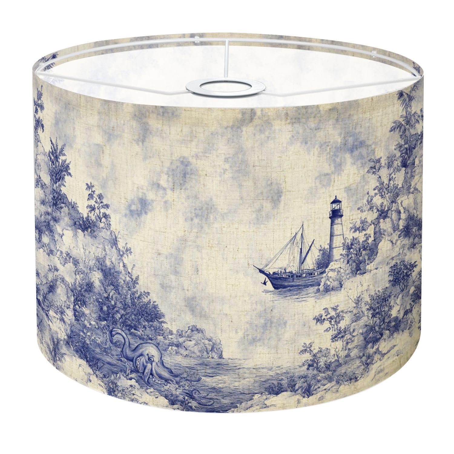 Drum Lamp Shade Blue Deep Sea Toile Octopus Sailboat Lighthouse Foliage Ink Wash Lampshade 8.9x11x11 for Table Lamps Floor Lamps