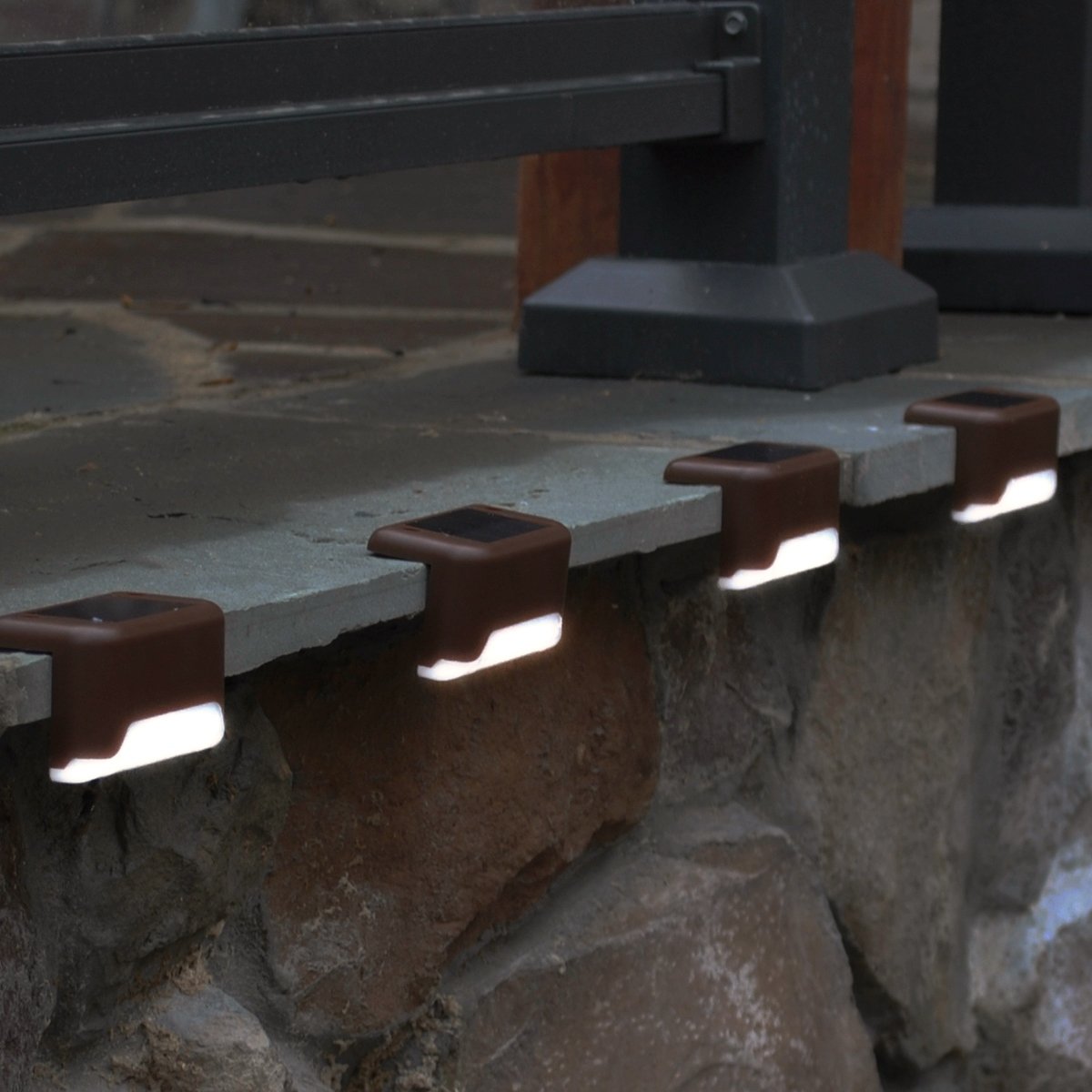 Maxsa 47332 Solar Powered Weatherproof Dusk To Dawn Lights For Steps, Decks, And Railings (4-Pack), Brown