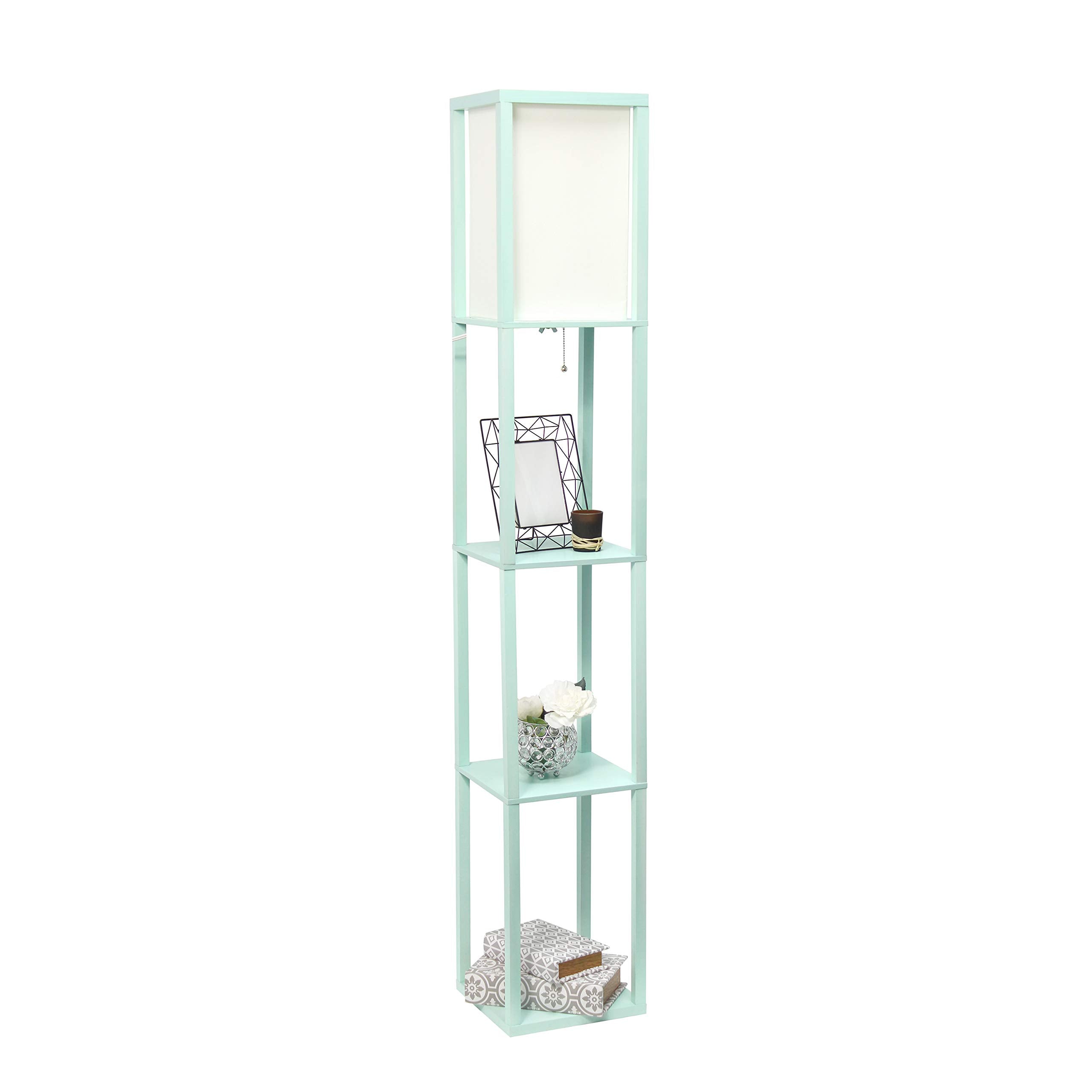 Simple Designs LF1014-AQU-2PK Three Shelf Etagere Organizer Storage Floor Lamp 2 Pack Set with White Linen Shade for Living Room, Bedroom, Office, Hallway, Aqua