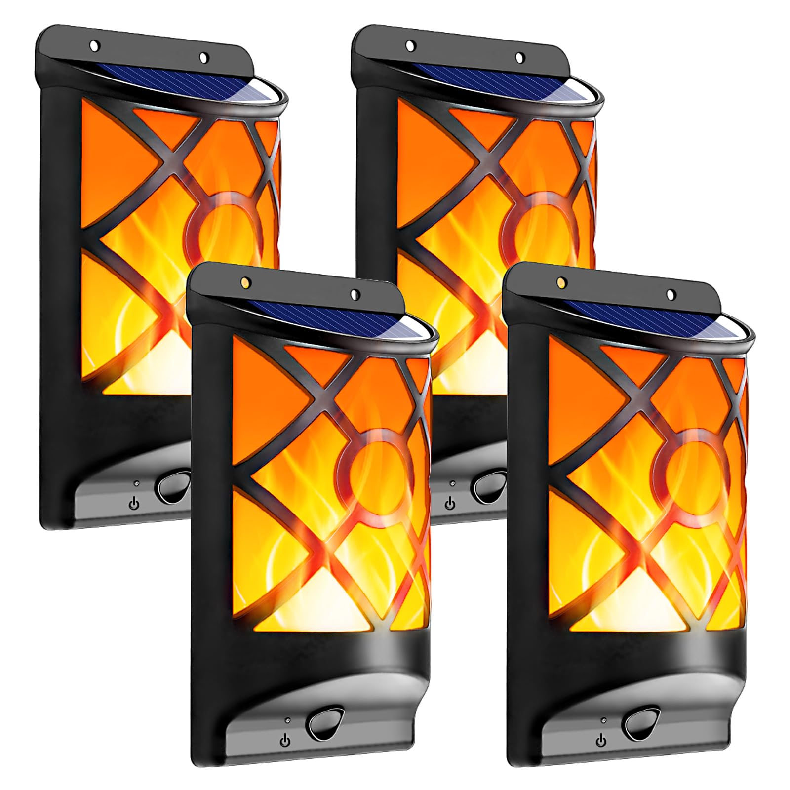 LazyBuddy Solar Flame Lights - Flickering Flames Outdoor Wall Light, 66LED, Auto On/Off, 4 Pack, Black, Model WALL02