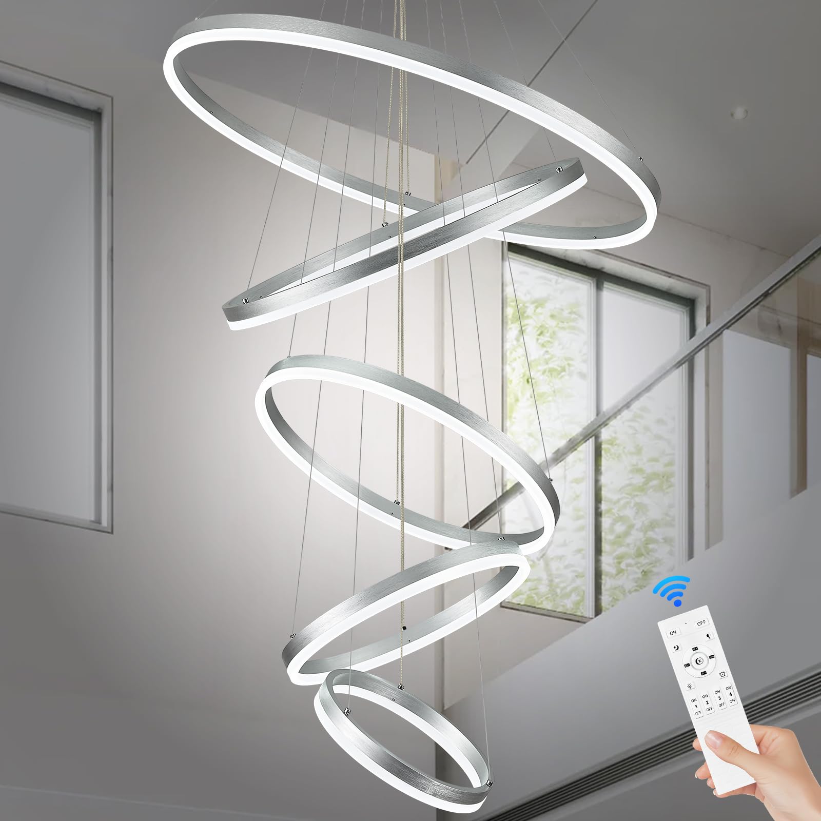Benkut Modern LED Chandelier, 5 Rings, Silver, Dimmable, 3000K-6500K, Model P60-5SDC1, for Foyer/Dining