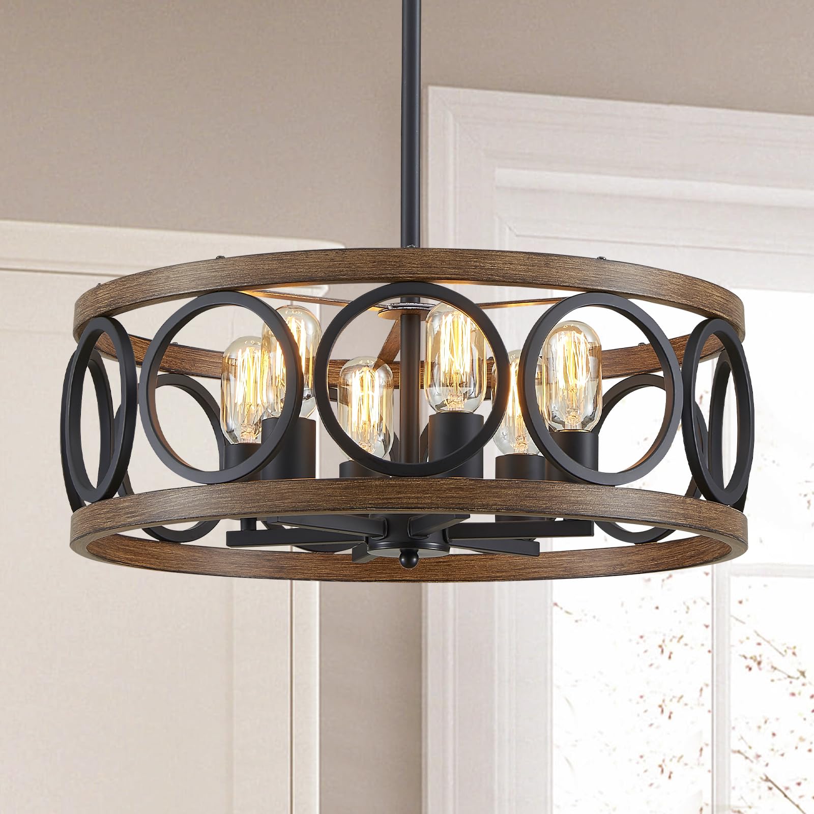 peskoe Chandeliers for Dining Room, 19.7'' Farmhouse Modern Black and Wood Grain Metal Pendant Light, Drum Rustic Living Room Be