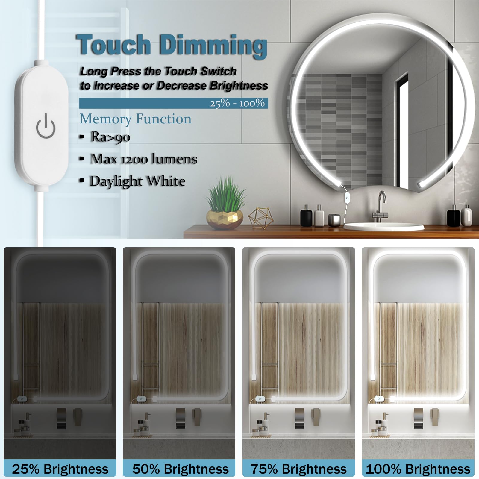Blikshin LED Vanity Mirror Lights, 10FT Dimmable Self-Adhesive Strip, 6000K White, Model dd-03m for Makeup & Bathroom Use