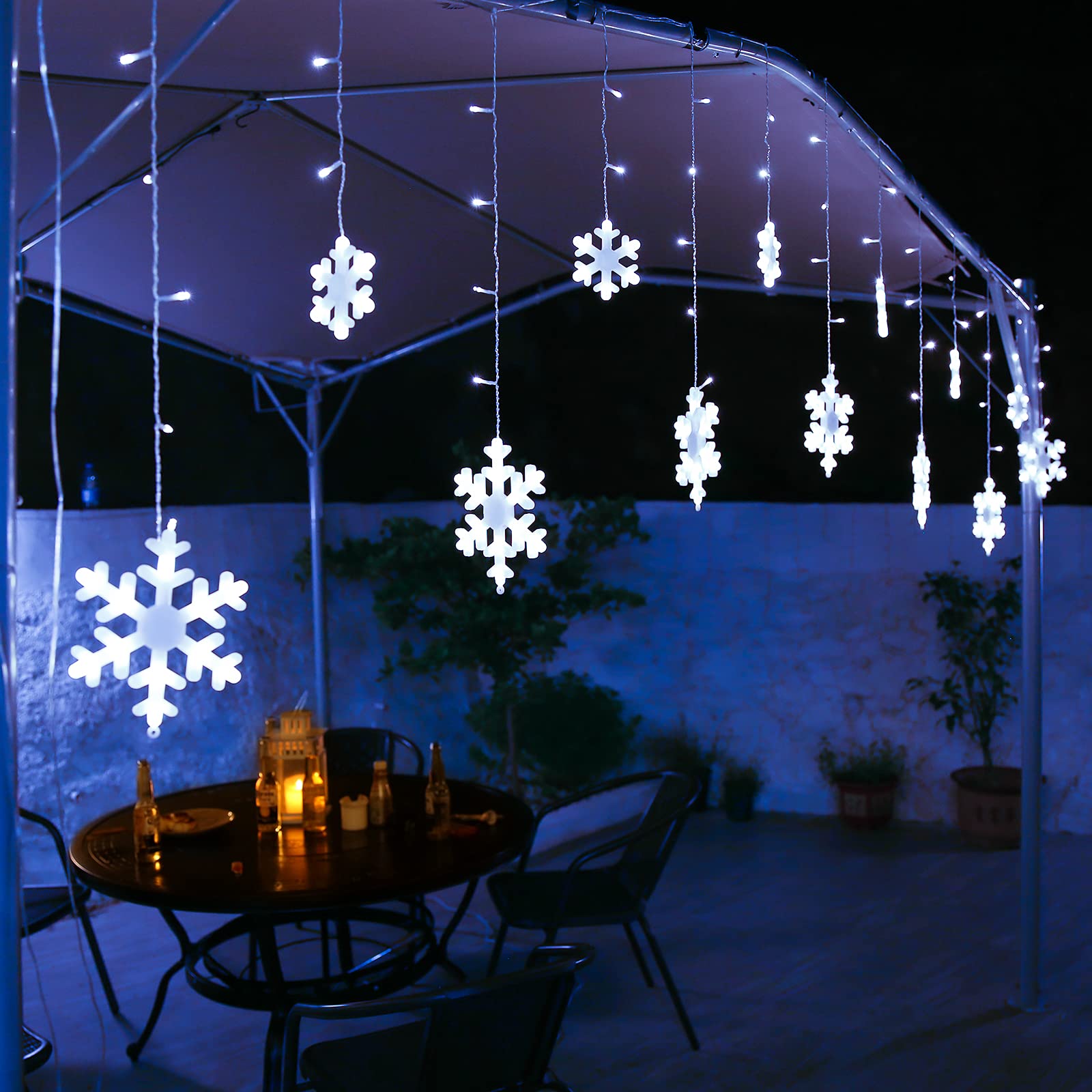Toodour Christmas Snowflake Lights Outdoor, 17.22Ft 264 Led Snowflake Icicle Lights With 22 Drops, Connectable, 8 Modes Waterproof White Christmas Lights For Curtain, Eaves, Window, Xmas Decorations