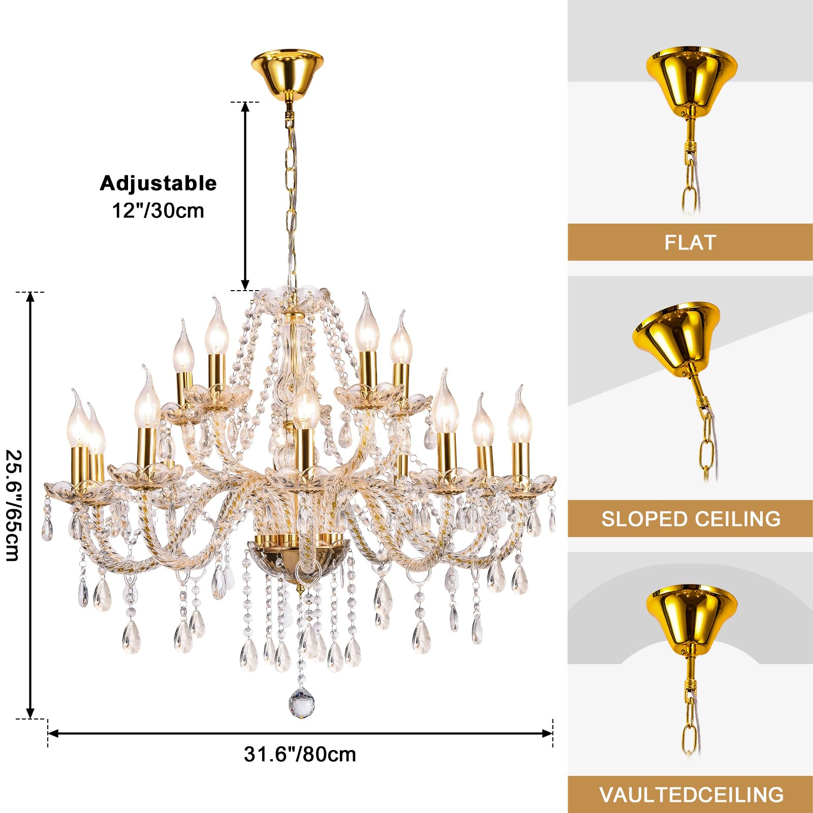 Baotree Modern Elegant 15 Lights K9 Crystal Glass Chandelier Golden Pendant Ceiling Lighting European Style For Dining Living Ro