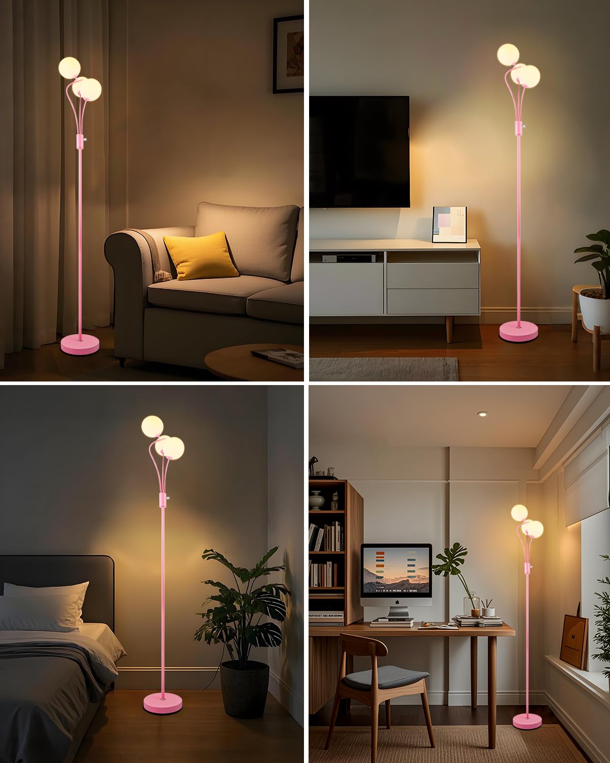 Lightdot Pink Floor Lamp For Girls Room Stepless Dimmable Globe Standing Lamp With 3Pcs 3000K G9 Bulbs Modern Design & Stable Ba