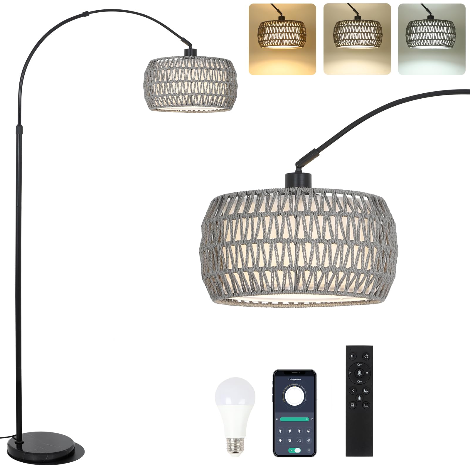 Arc Standing Lamp, Boho Floor Lamps for living room with Remote and LED Dimming Bulb, Rattan Tall Lamp for Bedroom with 3 Color 