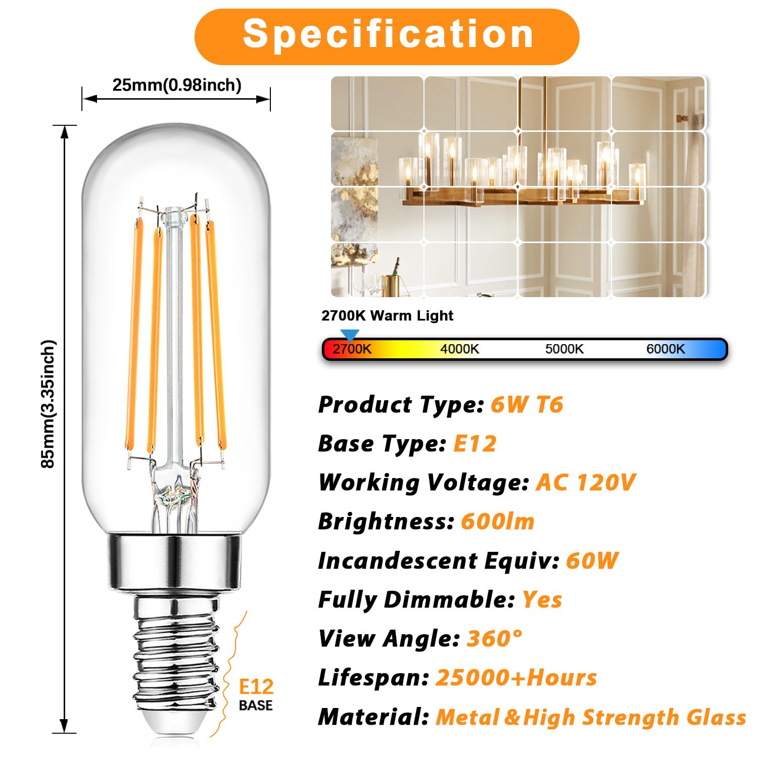 E12 Edison Led Light Bulbs 40 Watt Equivalent Candelabra, Dimmable 2700K Warm White T6 Clear Led Bulbs 4W 400Lm Vintage T25 For
