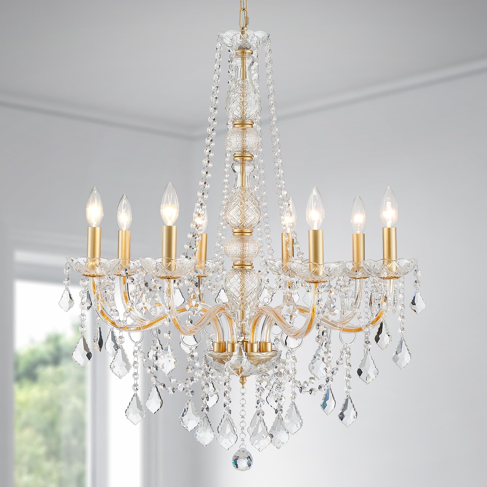 Wuzups 8-Light Crystal Candle Chandelier Pendant Ceiling Light Modern Lighting Fixture For Bedroom Hallway Bar Kitchen Bathroom  H 35.4 W 27.6  E12 Base  Gold