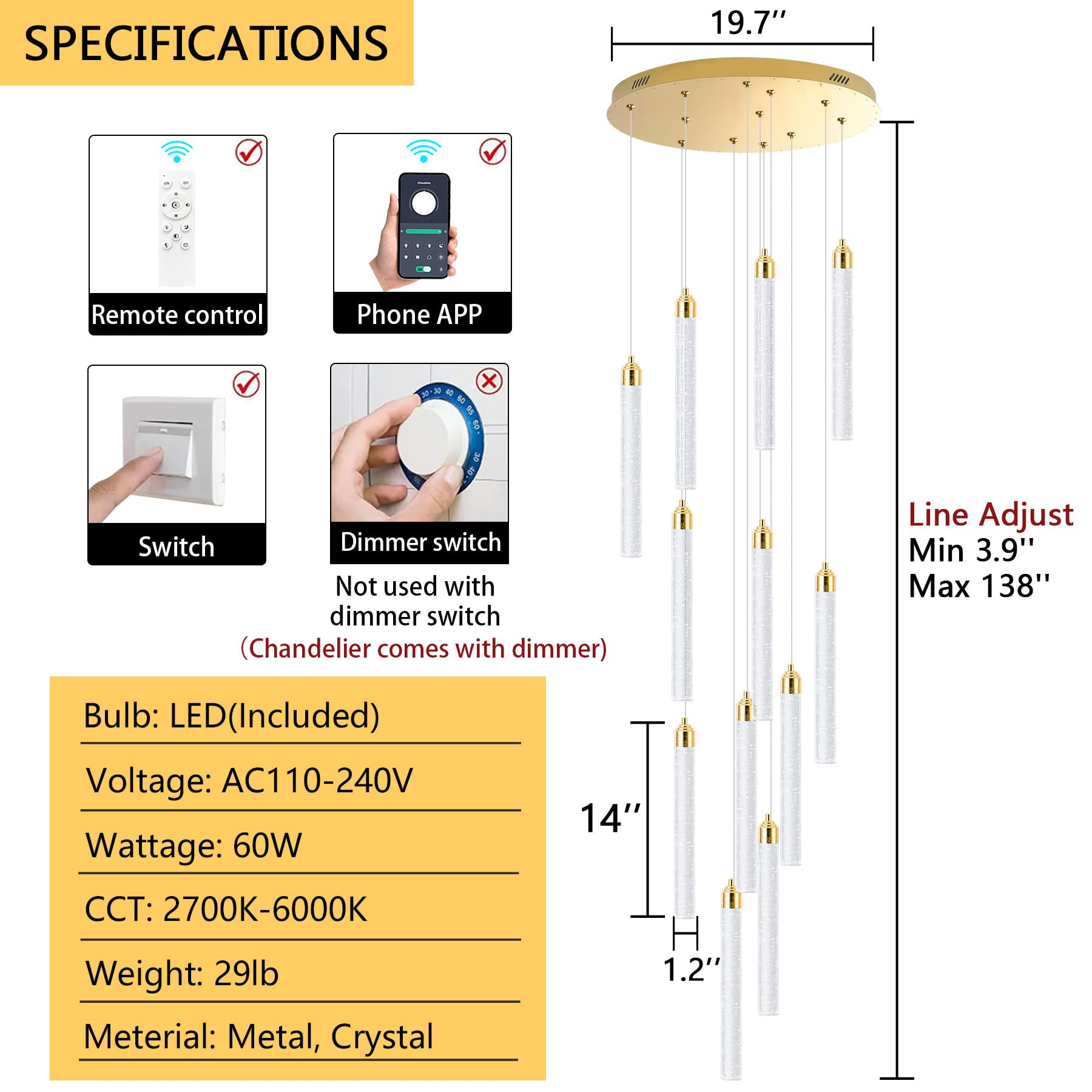 dolria 12-Lights LED Chandelier - Dimmable Crystal Pendant Light Fixture, Gold Finish for High Ceilings - Model PC0008