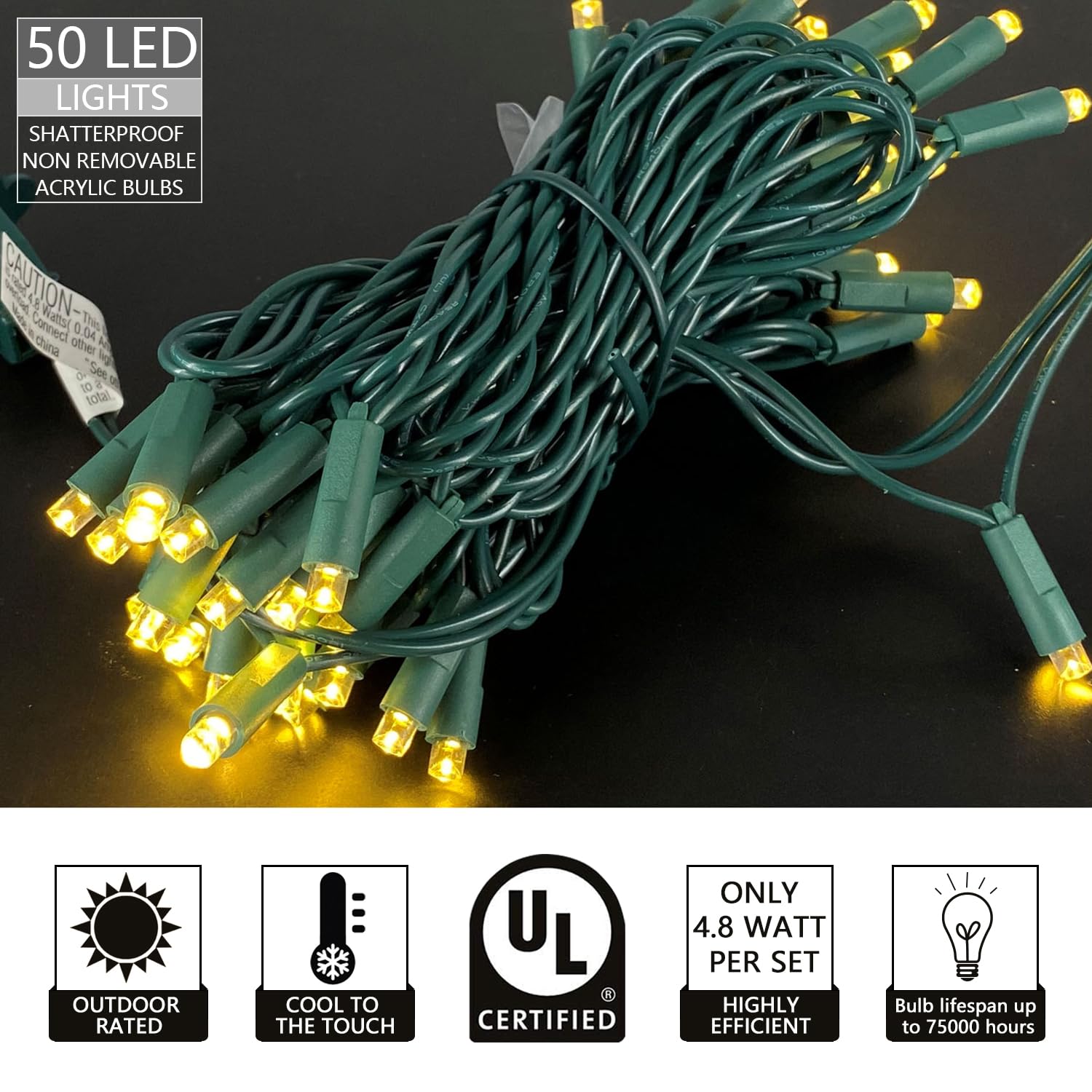 Yongzhenlite Ul Listed 50 Count 5Mm Wide Angle Led Christmas Lights Set,Outdoor Mini Led String Lights For Garden Patio Trees Lighting Decorations,17 Feet Green Wire (Yellow Color)