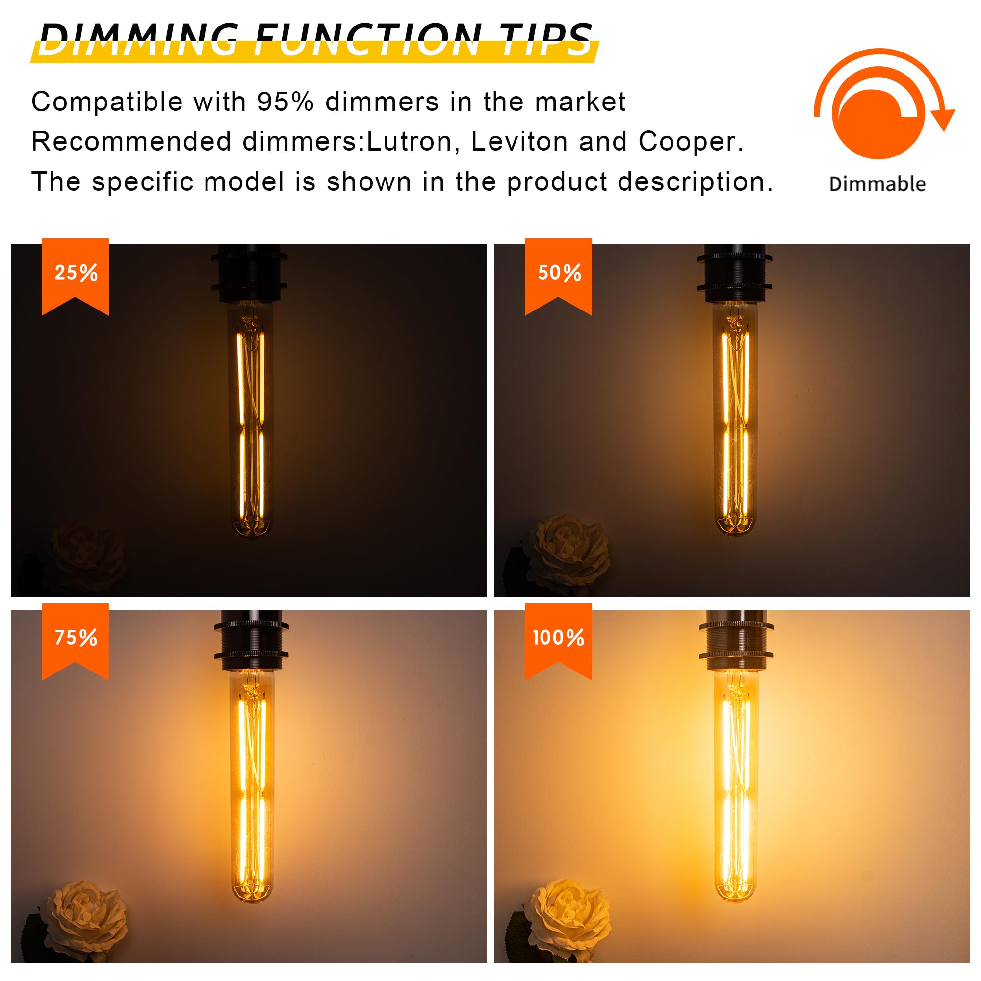 Sphoon Dimmable T10 LED Bulb 6W E26 Amber 2200K Warm White, 4-Pack, 7.3 Inch, Perfect for Wall Sconces and Pend