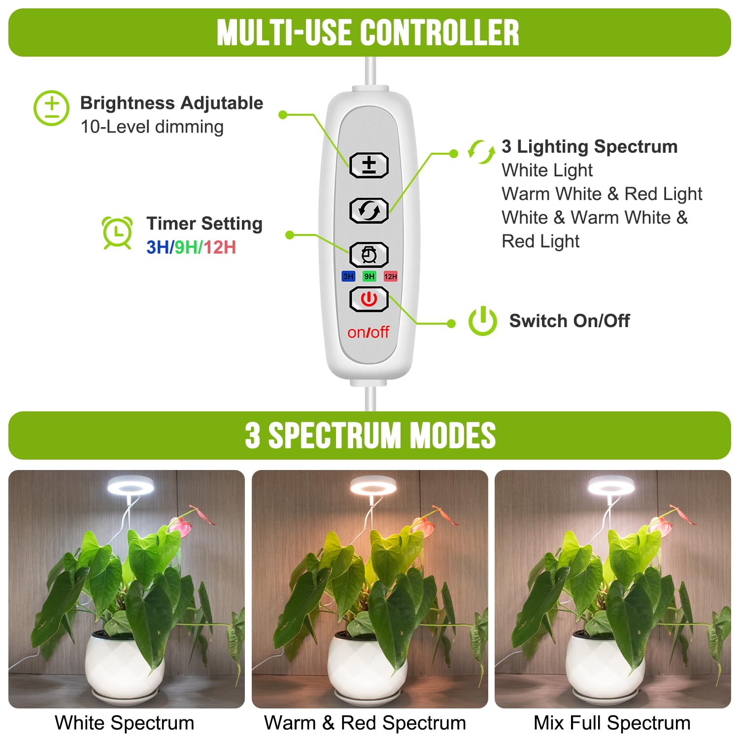 Kullsinss Grow Lights for Indoor Plants, 48 LEDs Full Spectrum, Height Adjustable, 3 Pack, White, Model BL-C10B