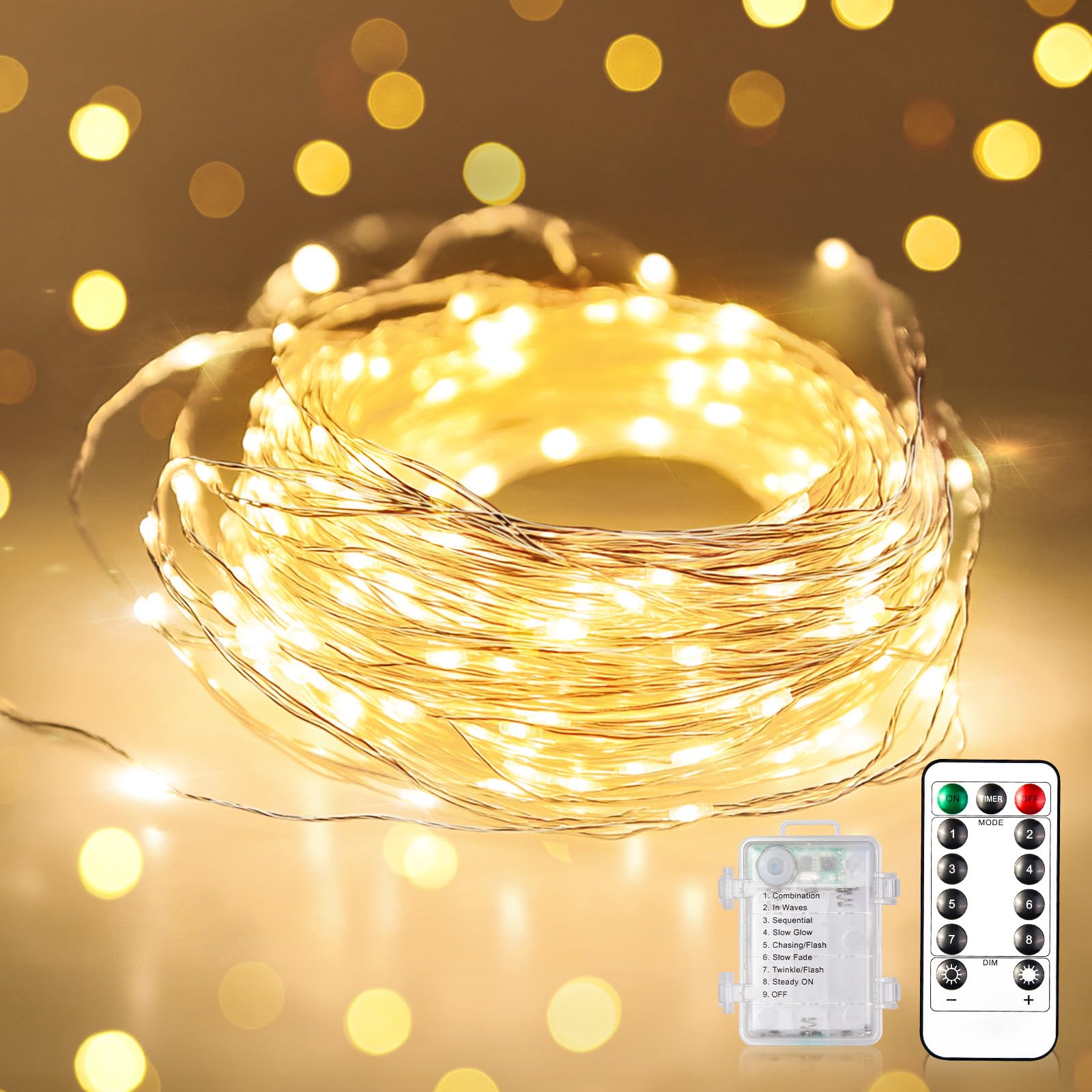 WdtPro Fairy Lights Battery Operated with Remote, 33Ft 100 LED Battery Powered String Lights with Timer, Outdoor Waterproof 8 Modes Twinkle Lights for Bedroom Indoor Christmas Decor Warm White