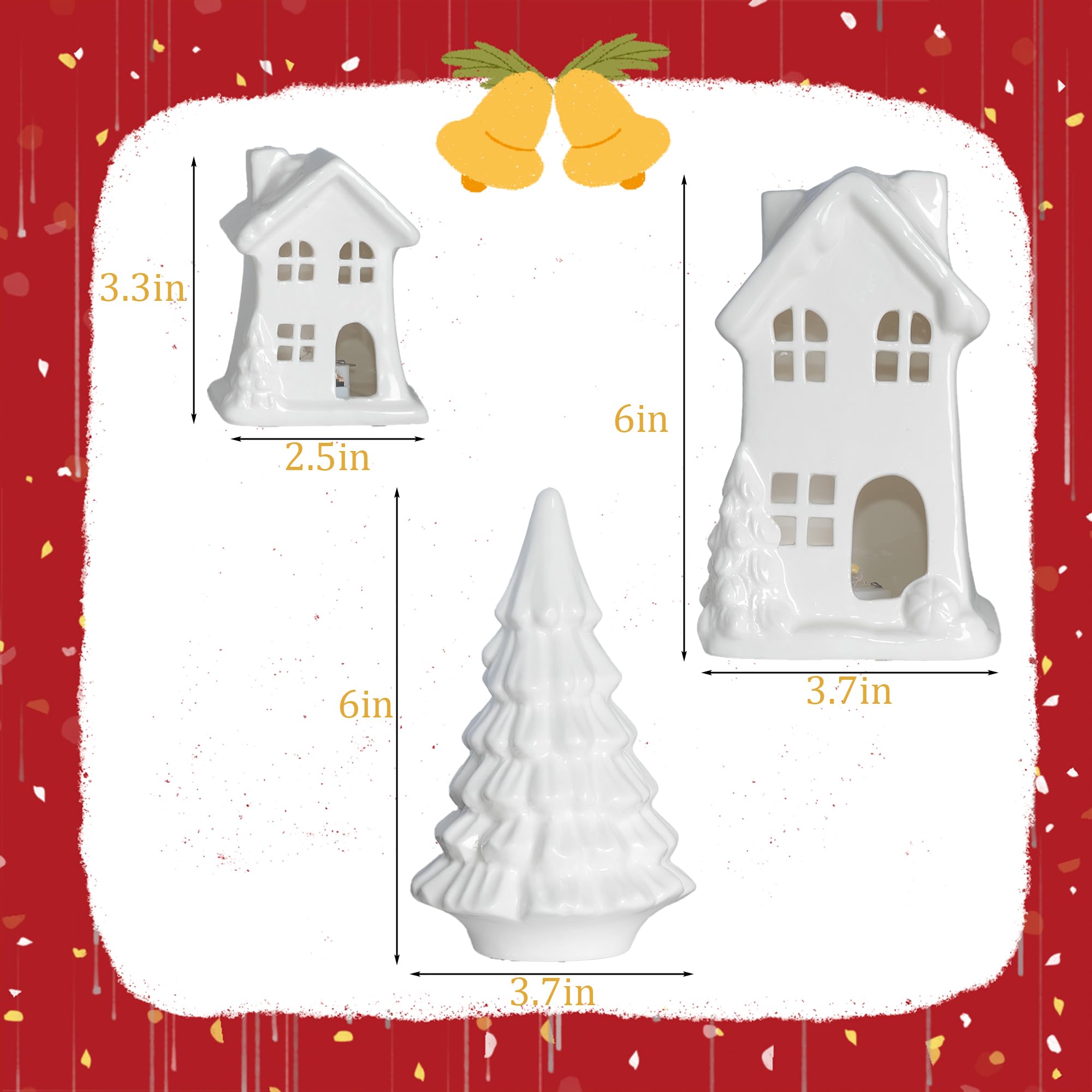Nerosun Ceramic Christmas Village Houses  3Pcs Led Lighted Porcelain White Small House And Xmas Tree Tabletop Figurines  Light Up Christmas Decorations For Home Shelf Cabinet Table Winter Decor