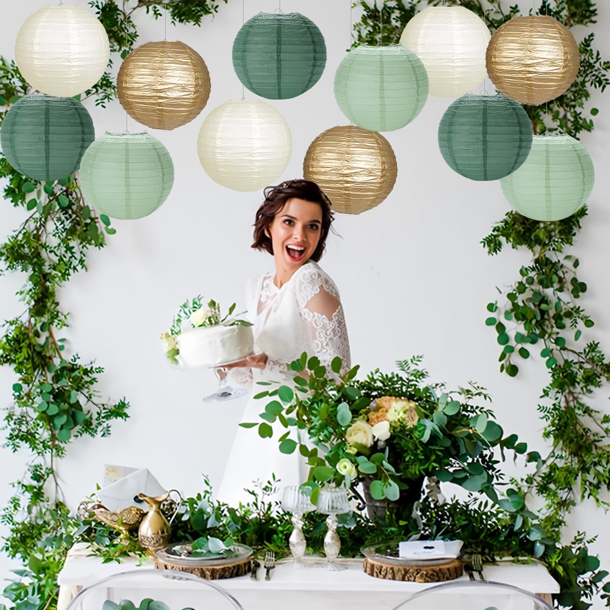 Yunxuan Paper Lanterns Sage Green Gold Round Hanging Chinese Lanterns For Birthday Party Baby Shower Bridal Shower Decorations P