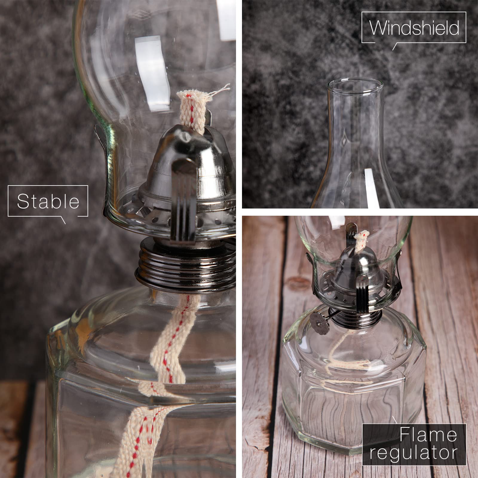 Tuanse 2 Pieces Chamber Oil Lamp Classic Kerosene Lamp Lantern Vintage Oil Lantern Decorative Hurricane Lamp With Adjustable Fire Wick For Home Indoor Use, 13 Inch Height(Clear, Black)