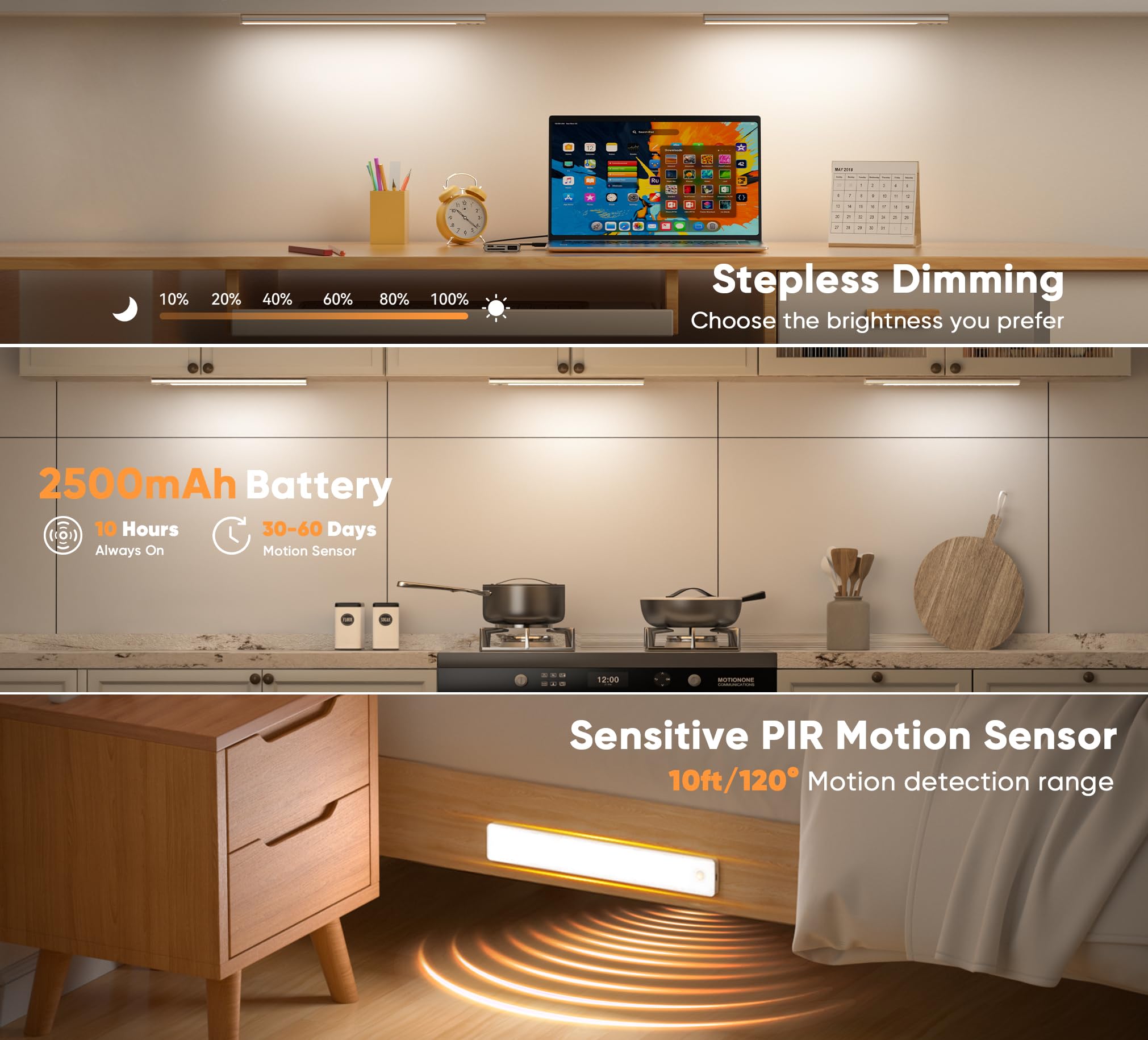 Auxoda 13 Inch Wireless LED Under Cabinet Lighting, 3000K Warm White, Motion Sensor, USB Rechargeable, Dimmable - 2-Pack