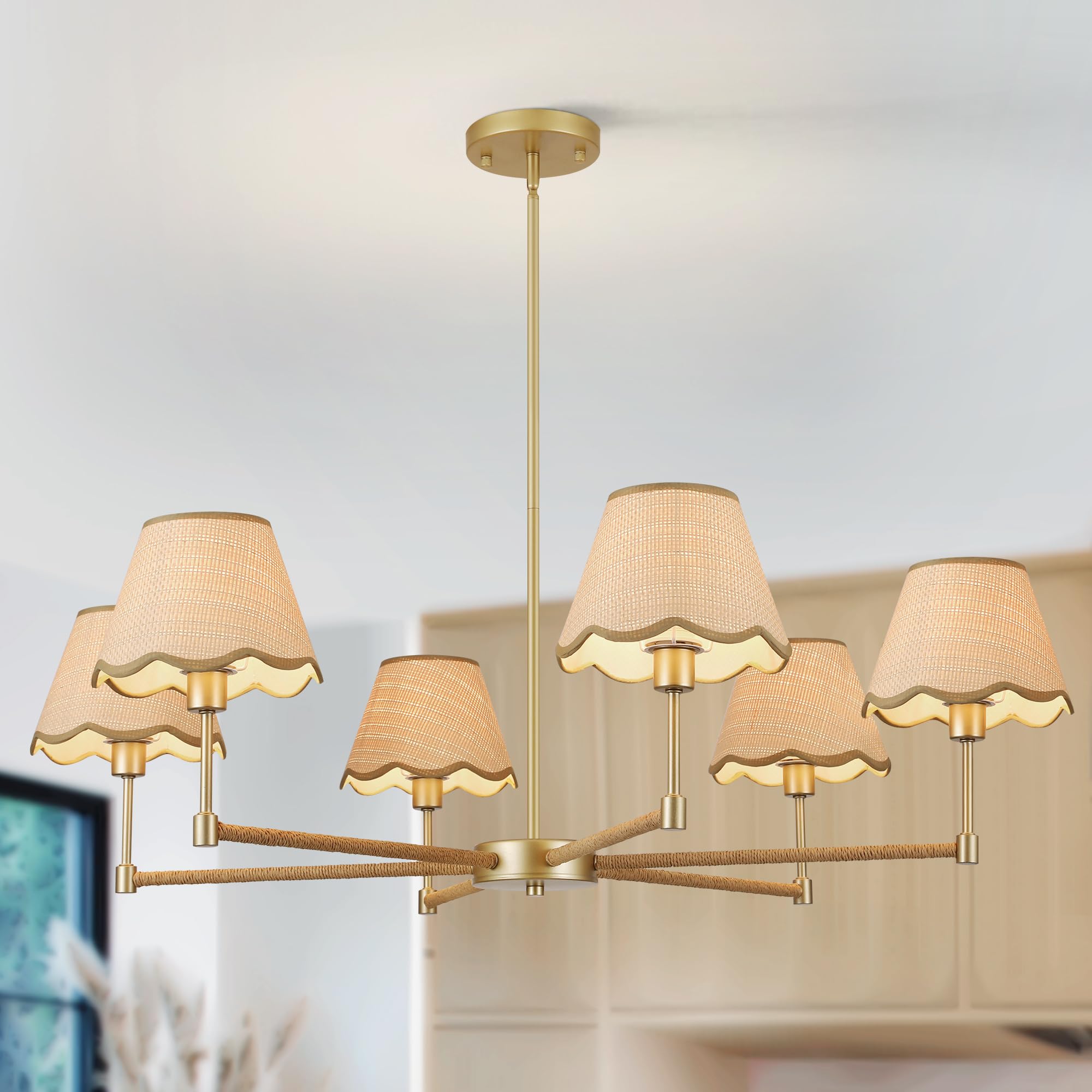 Zxfdwb Farmhouse Rattan Chandelier Light Fixture  6-Light Boho Chandeliers For Dining Room  Adjustable Rustic Pendant Light Large Modern Gold Hanging Lighting For Kitchen Island  Living Room